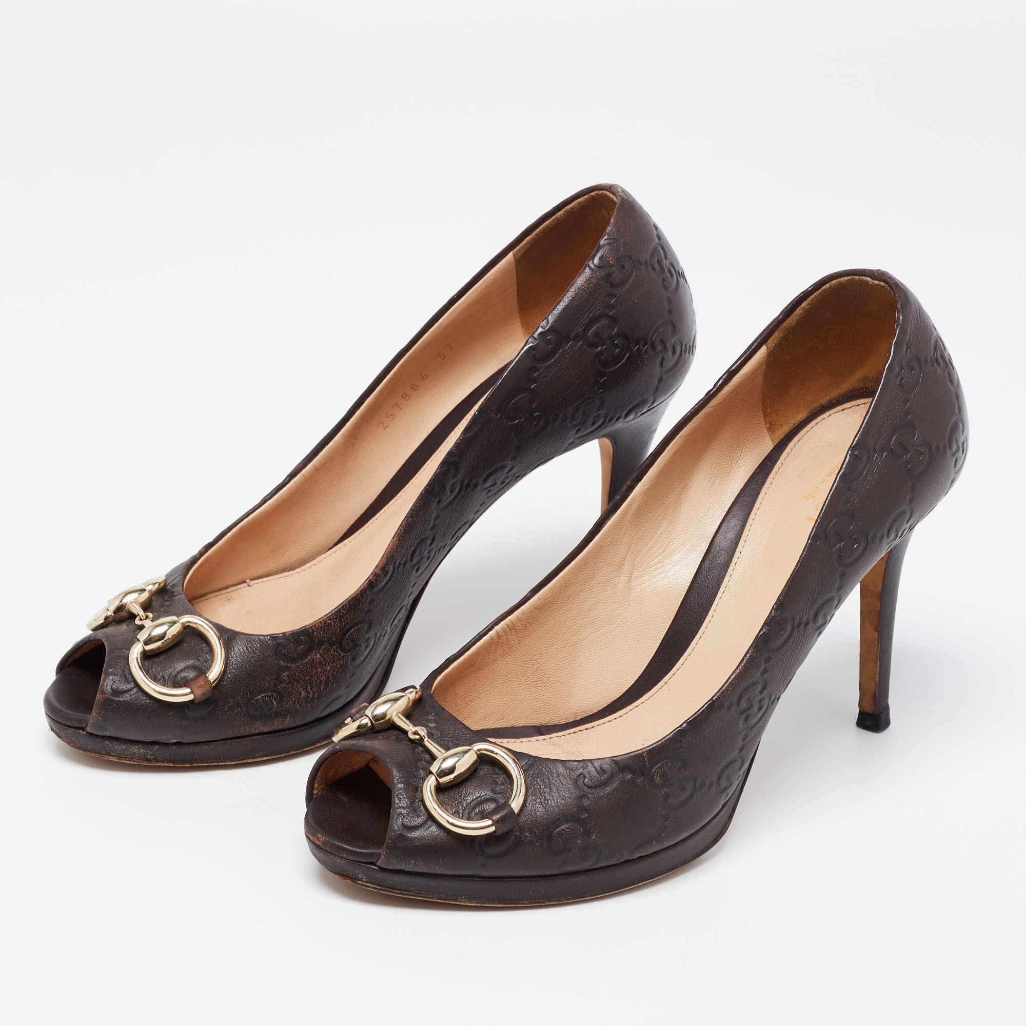 

Gucci Brown Guccissima Leather Horsebit Hollywood Peep-Toe Pumps Size