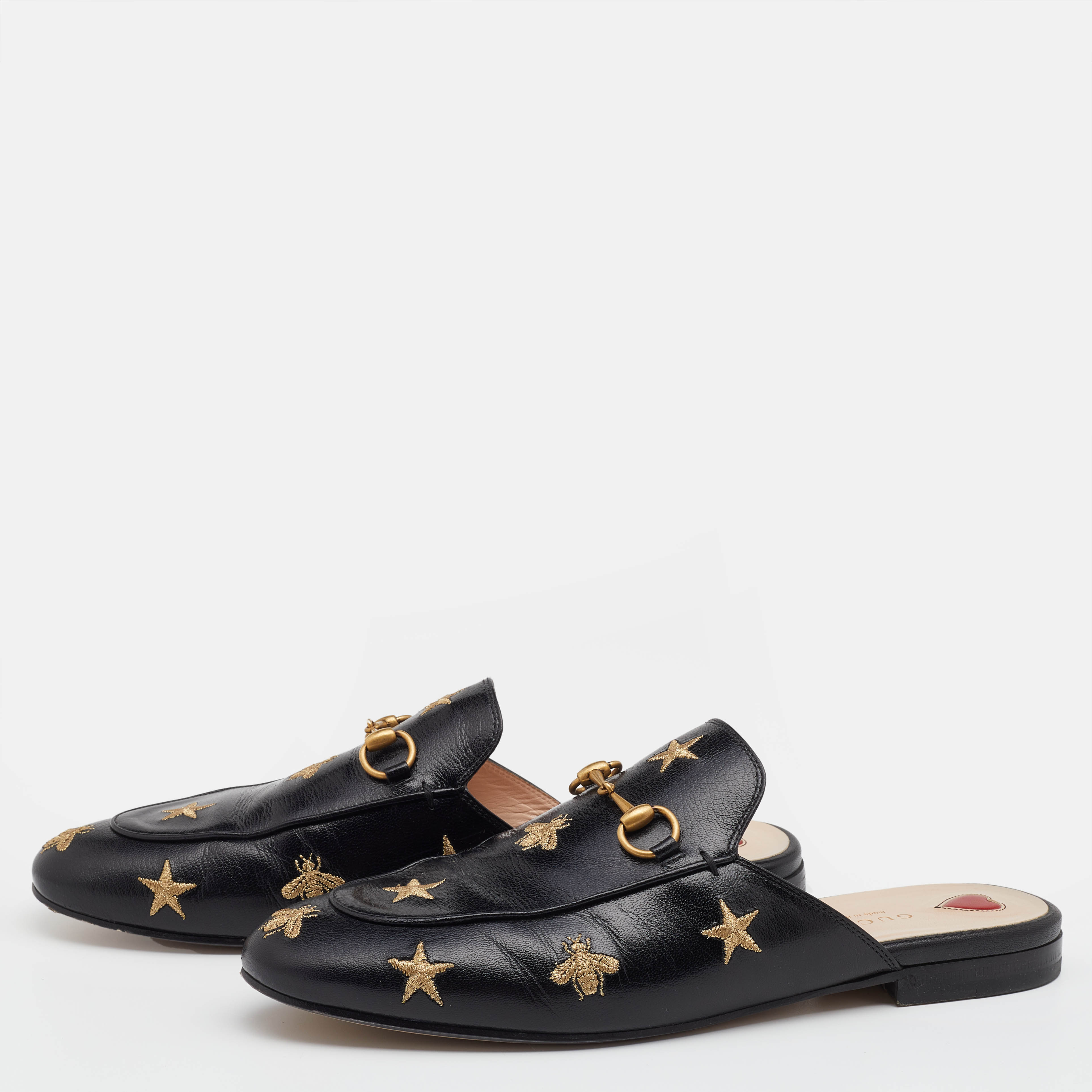 

Gucci Black Leather Bee And Star Embroidered Horsebit Princetown Flat Mules Size 39