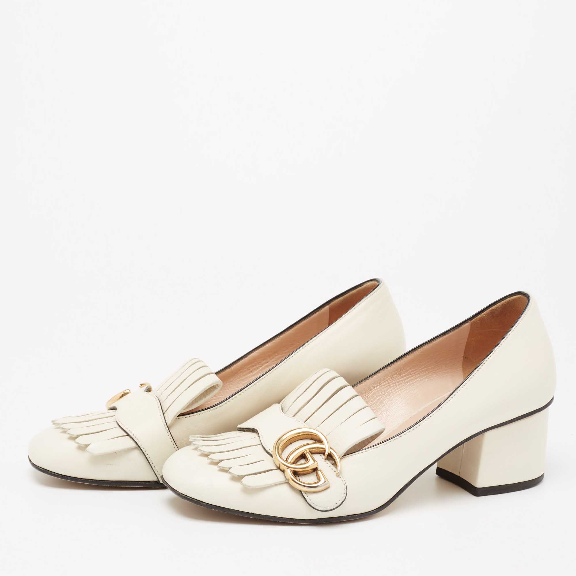 

Gucci Cream Leather Fringe Trim Accent Pumps Size