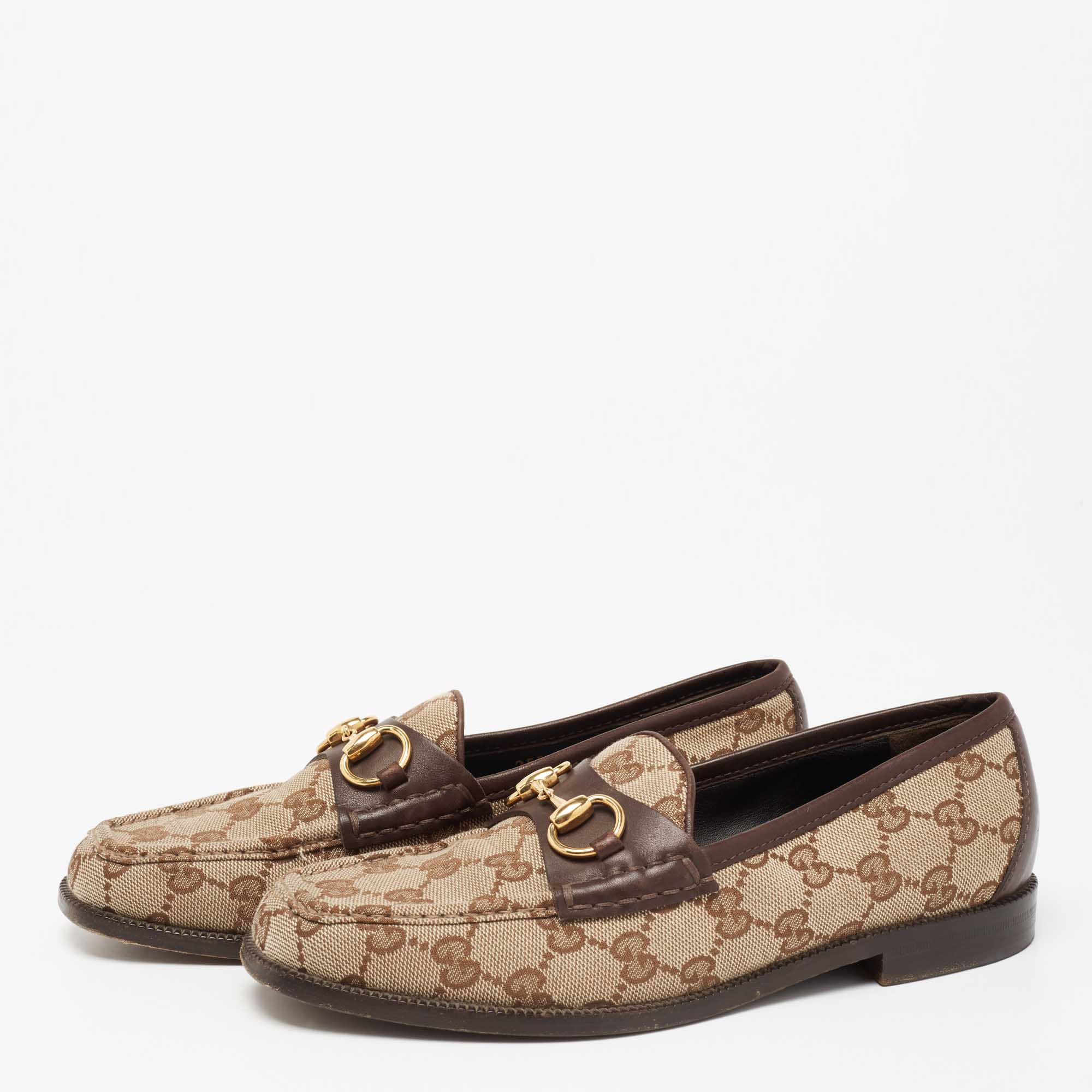 

Gucci Brown/Beige GG Canvas And Leather Horsebit Web Slip On Loafers Size