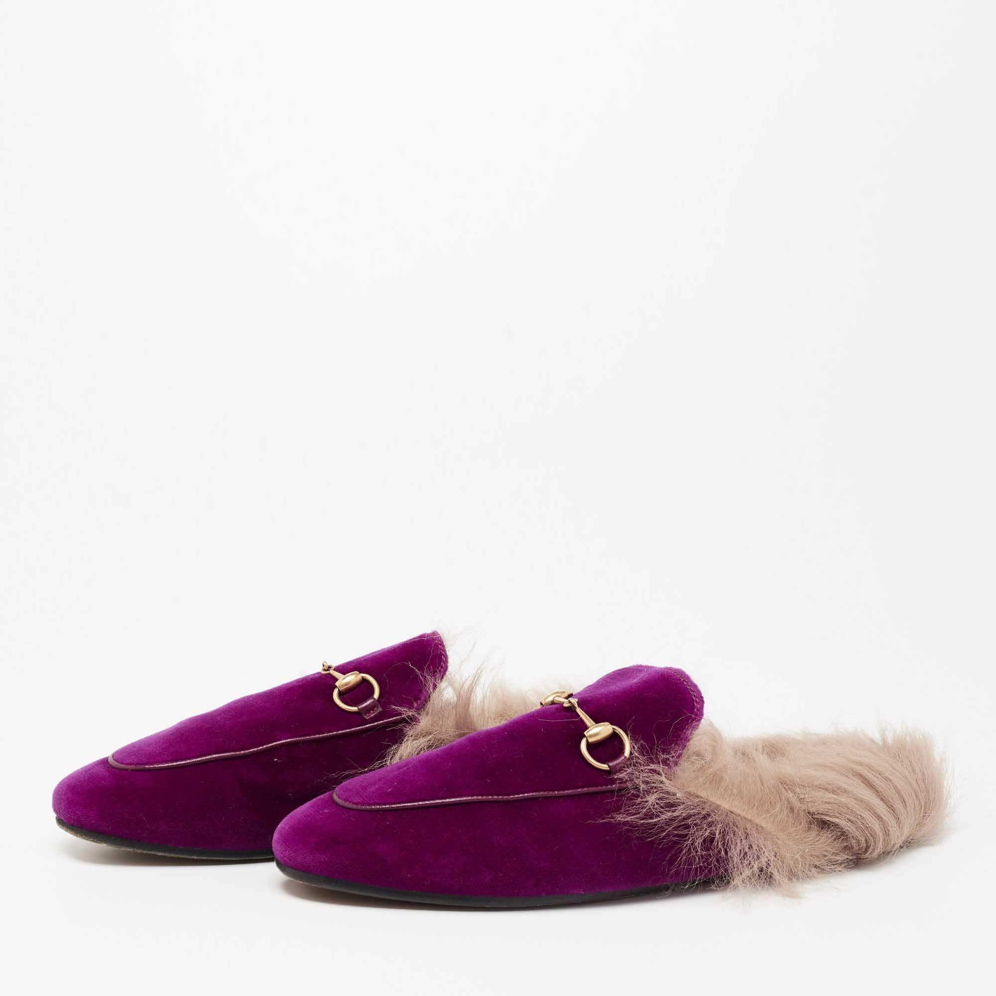 

Gucci Purple/Brown Velvet and Fur Lined Princetown Flat Mules Size
