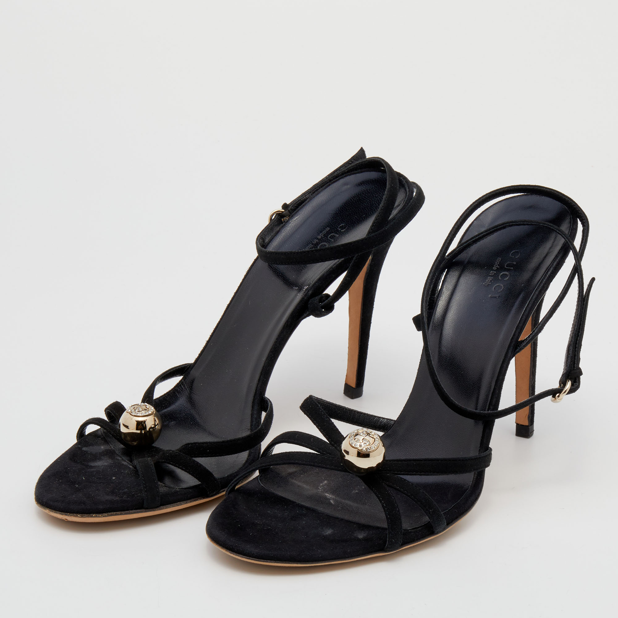 

Gucci Black Suede GG Crystal Embellished Ankle Strap Sandals Size