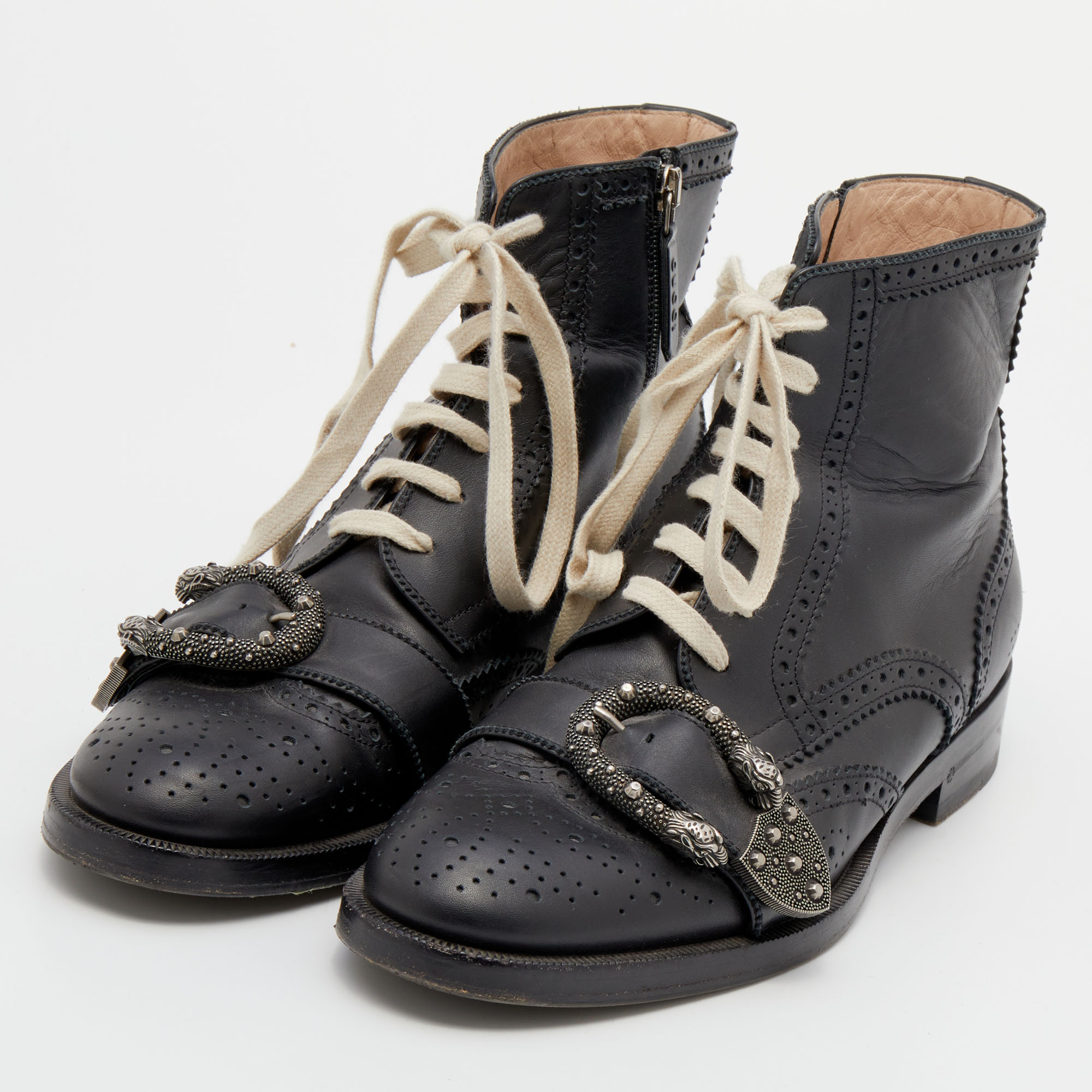 

Gucci Black Leather Dionysus Brogue Ankle Length Boots Size