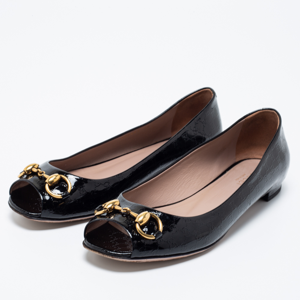 

Gucci Black Patent Leather Horsebit Open Toe Ballet Flats Size