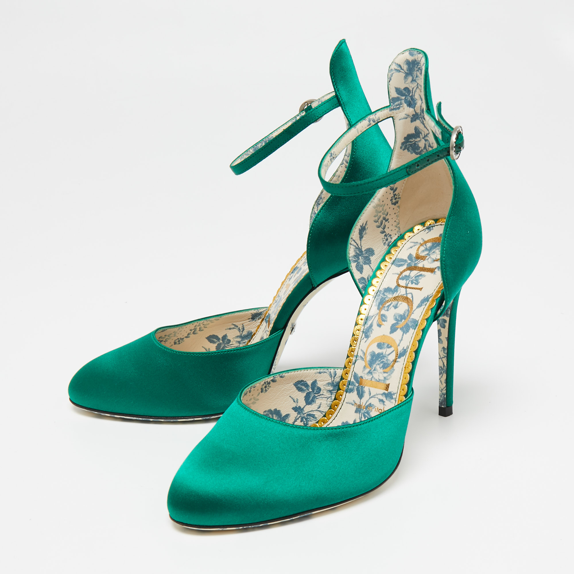 

Gucci Green Satin Daisy Ankle-Strap Pumps Size