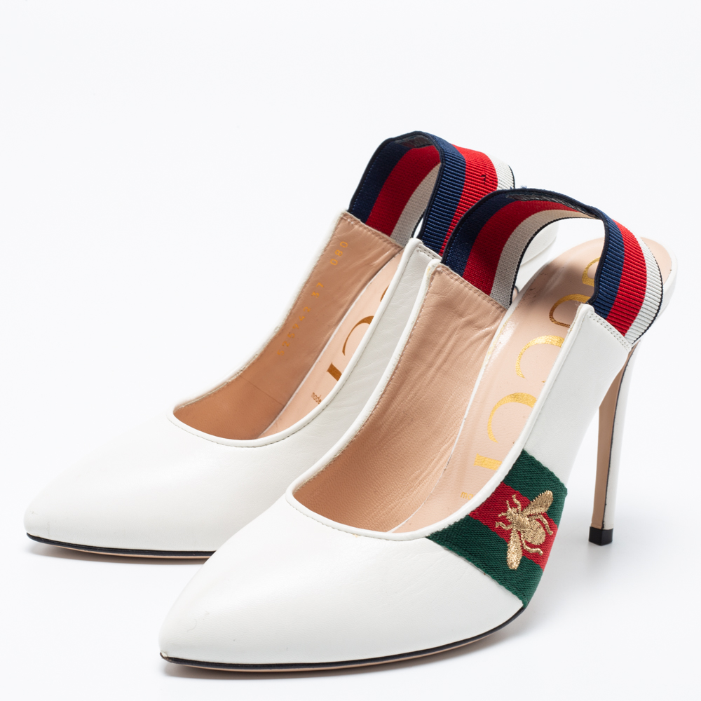 

Gucci Off-White Leather Web Sylvie Slingback Pumps Size