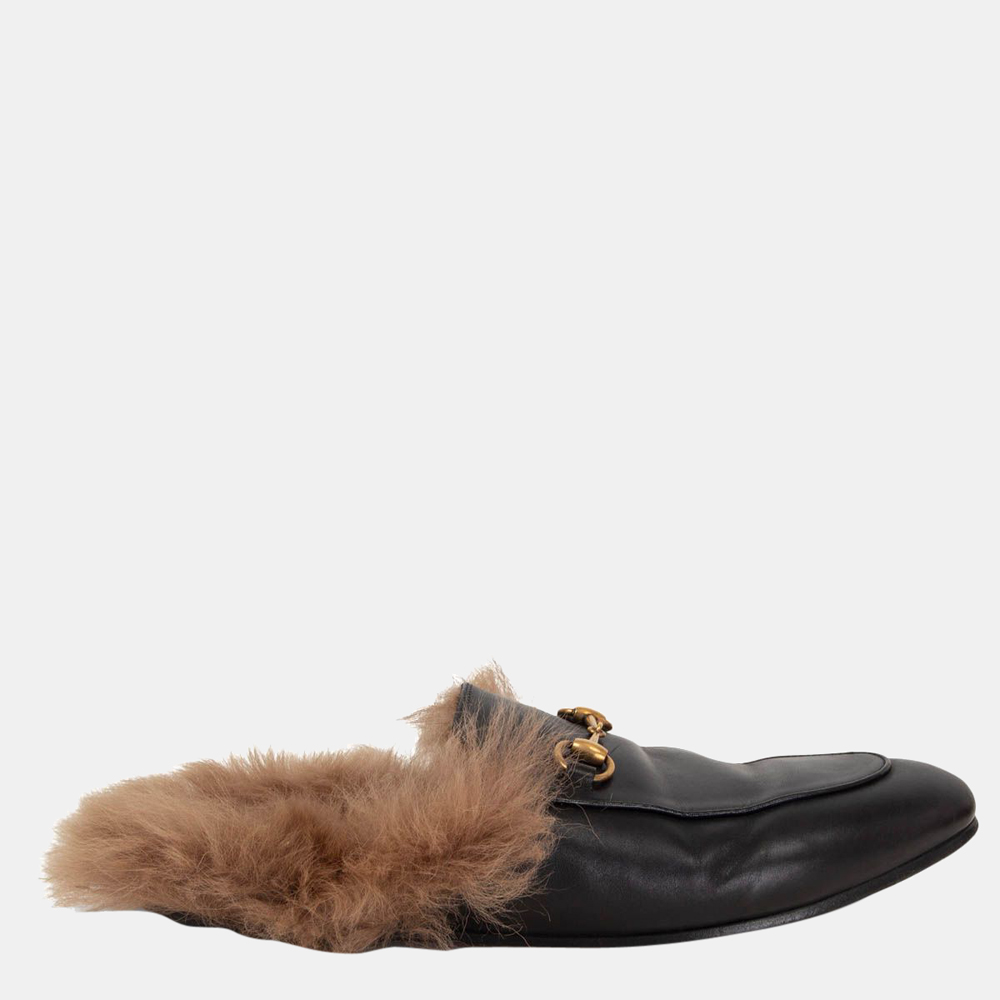 

Gucci Black Leather fur Princetown Slippers EU