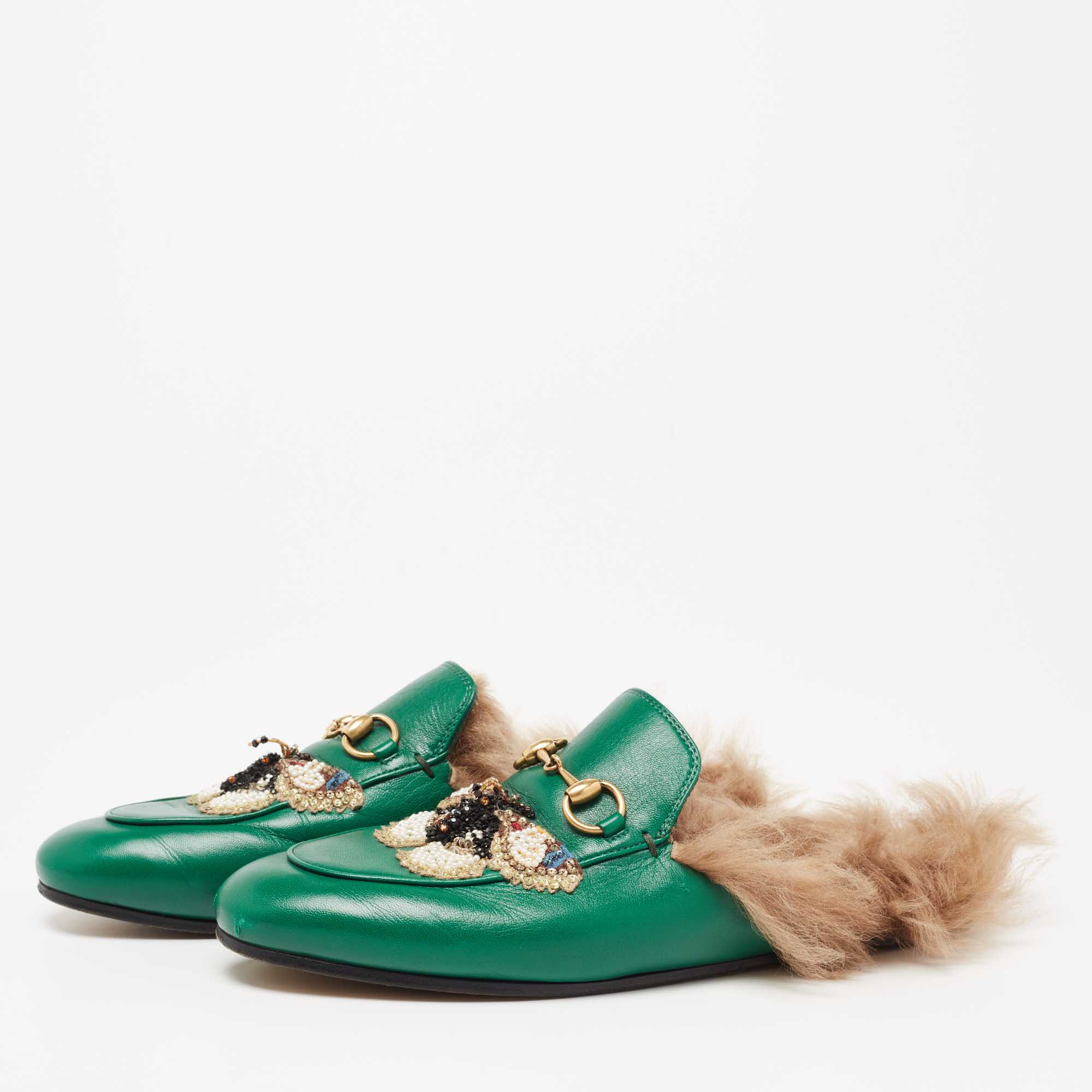 

Gucci Green Leather Fur Lined Embellished Bee Princetown Horsebit Flat Mules Size