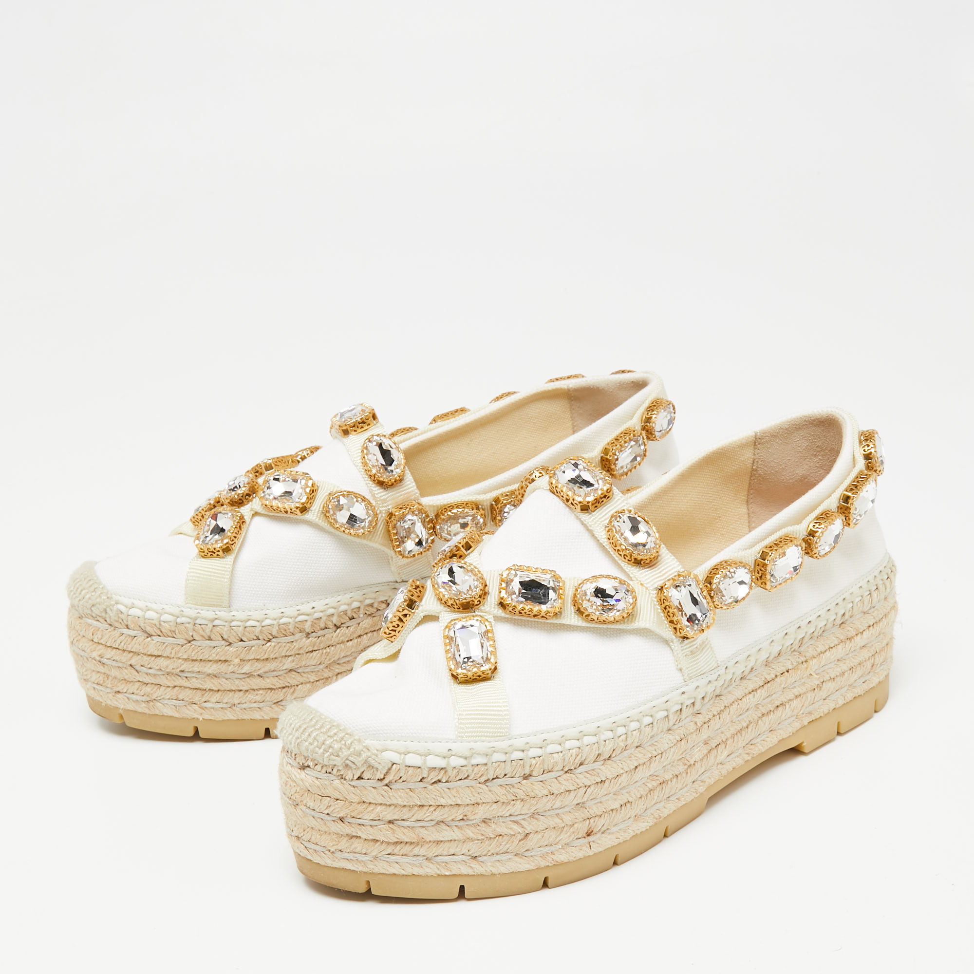 

Gucci Off-White Canvas Crystal Embellished Pepita Platform Espadrilles Size