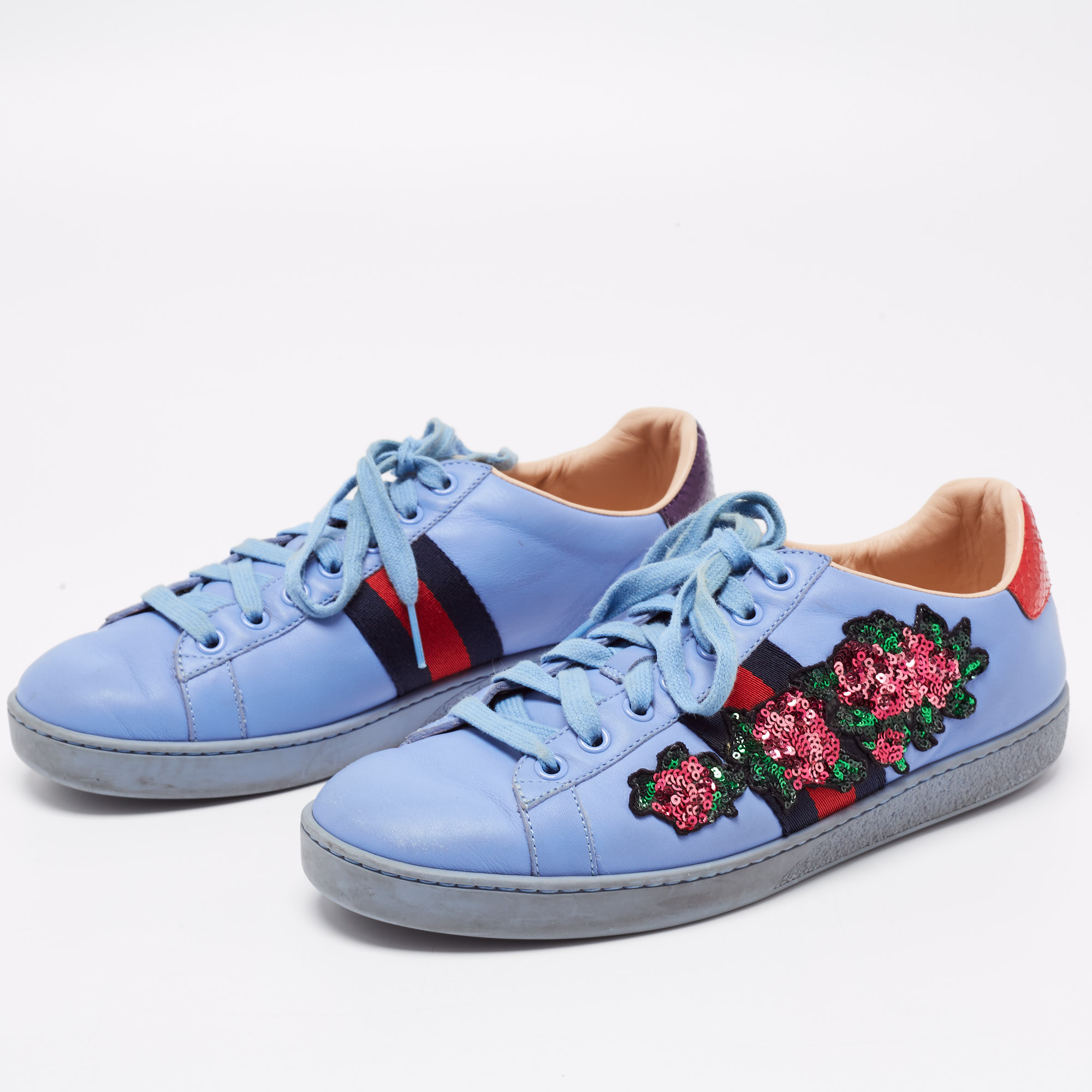 

Gucci Blue Leather And Snakeskin Web Floral Embellished Ace Sneakers Size