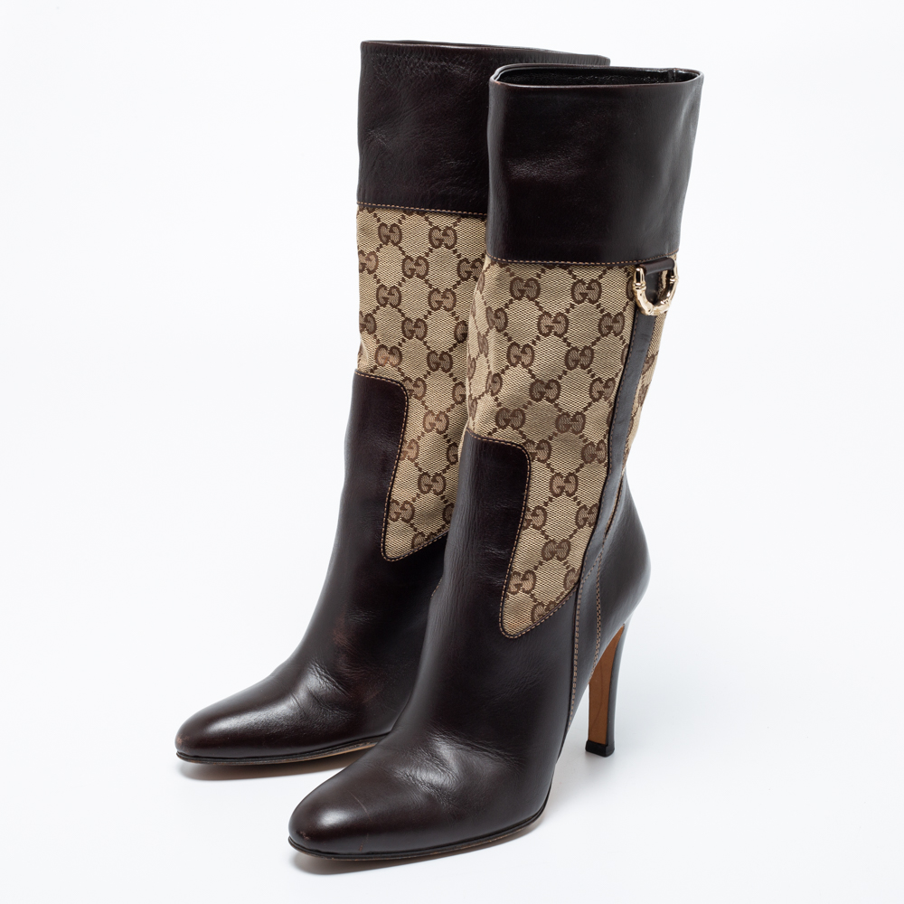 

Gucci Brown Leather And GG Canvas Midcalf Boots Size