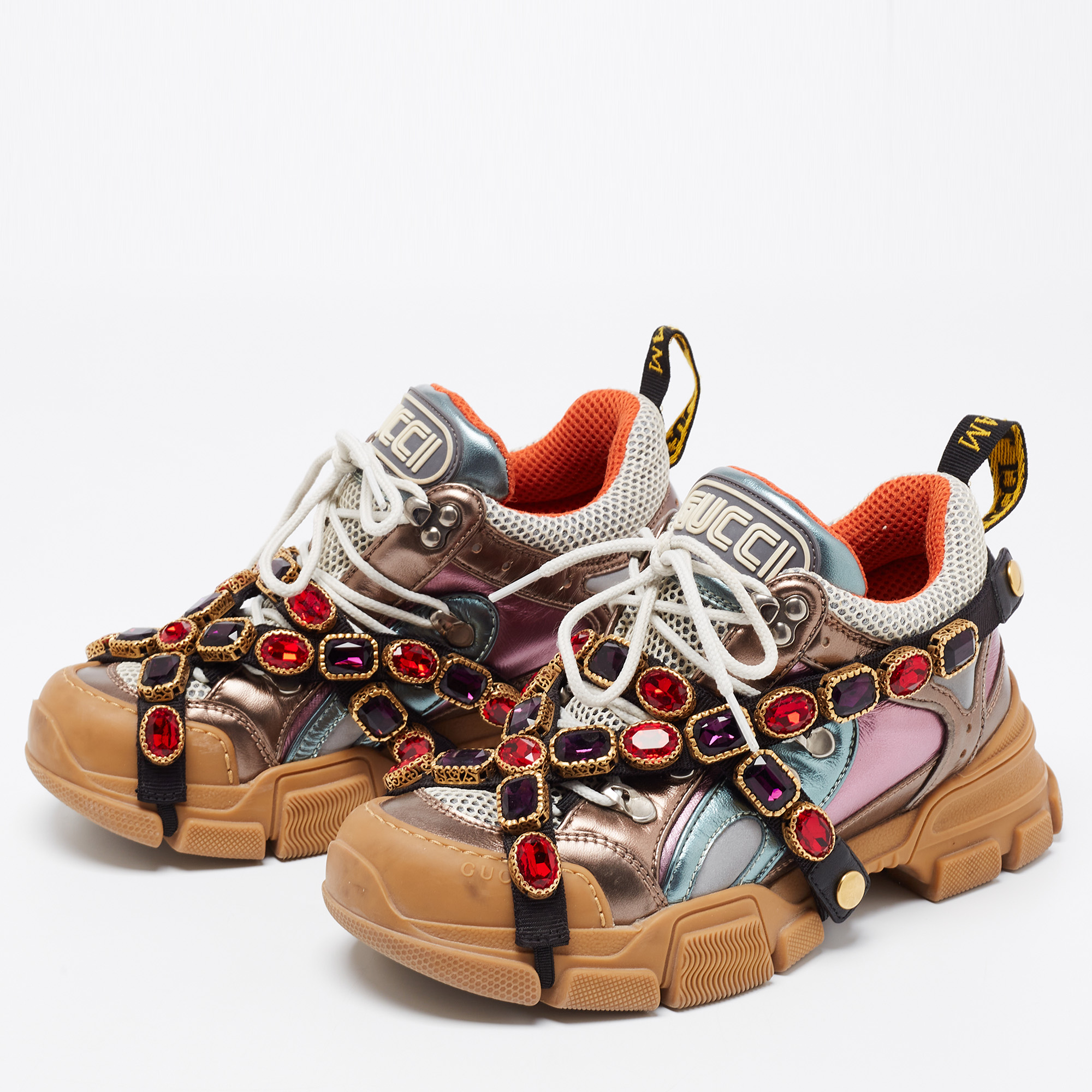 

Gucci Multicolor Leather And Mesh Flashtrek Embellished Lace Up Sneakers Size