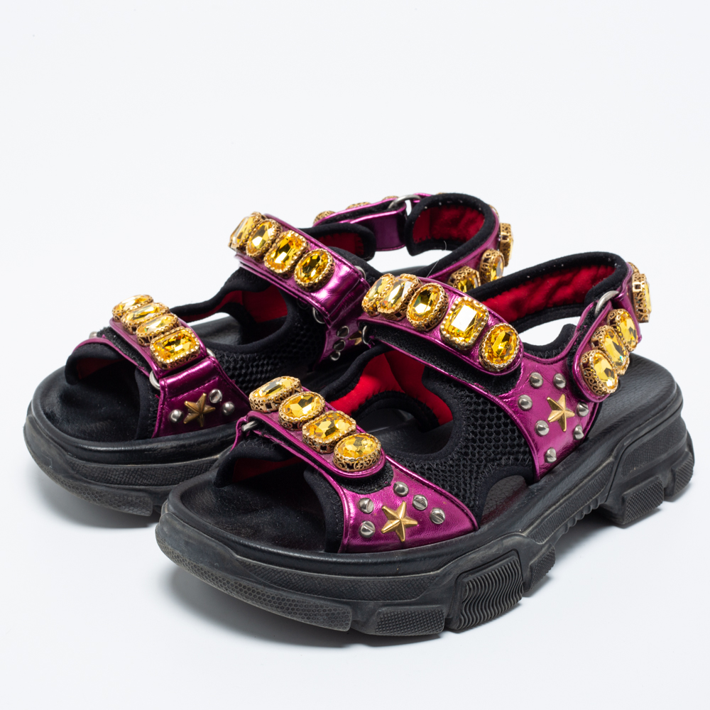 

Gucci Pink/Black Mesh And Leather Crystal Embellished Aguru Sandals Size
