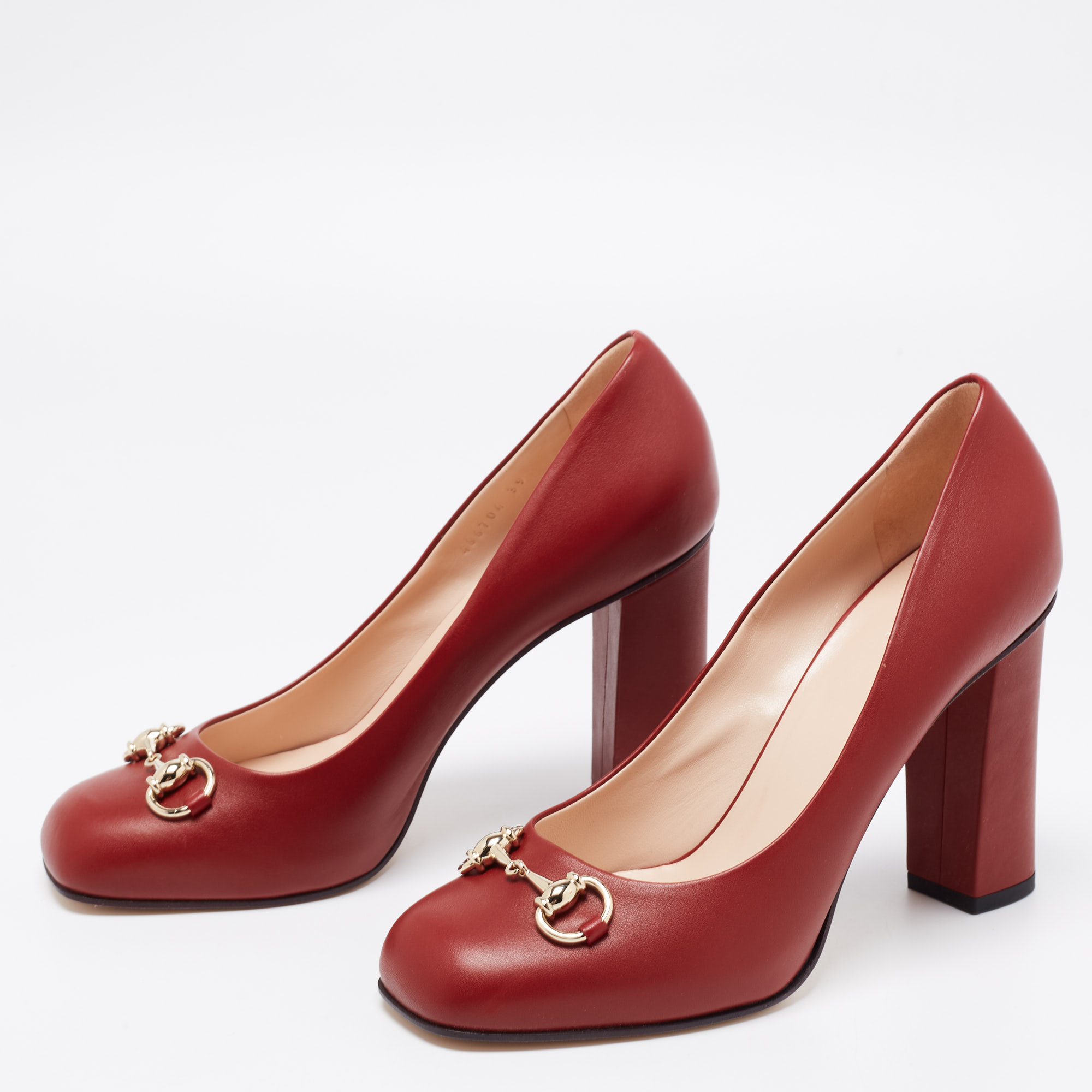 

Gucci Rust Red Leather Horsebit Square Toe Block Heel Pumps Size