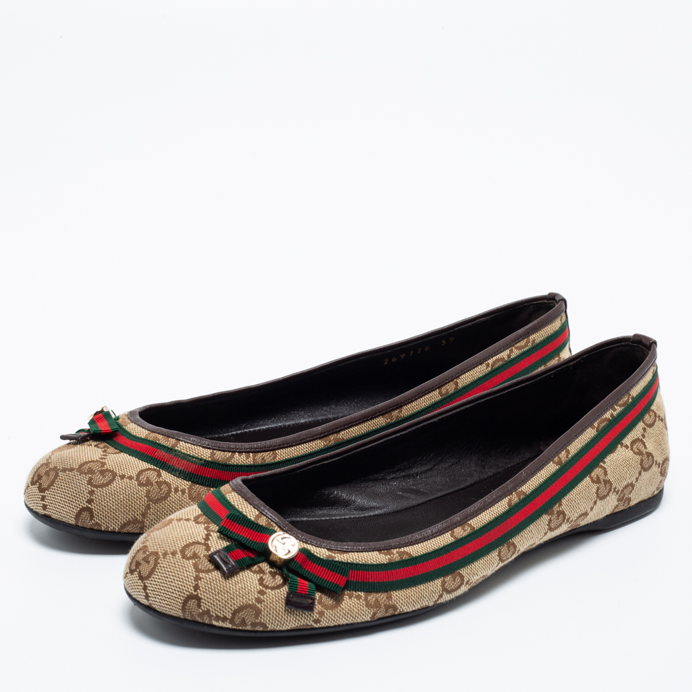 

Gucci Beige/Brown GG Canvas And Leather Mayfair Web Bow Detail Ballet Flats Size