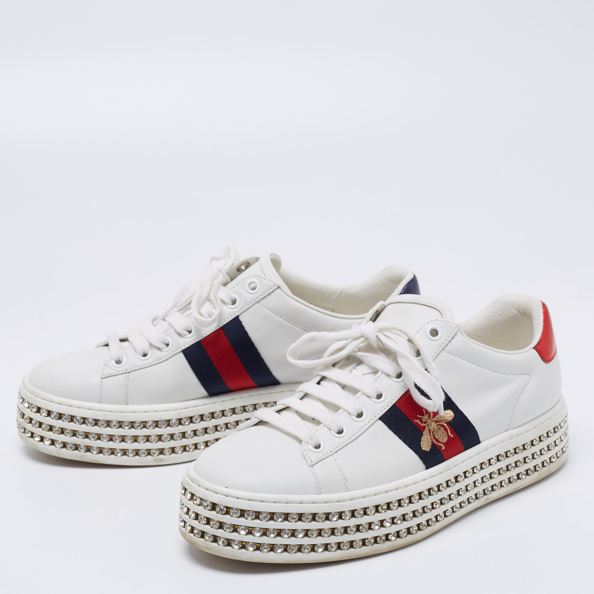 

Gucci White Leather Crystal Studded Ace Lace Up Sneakers Size