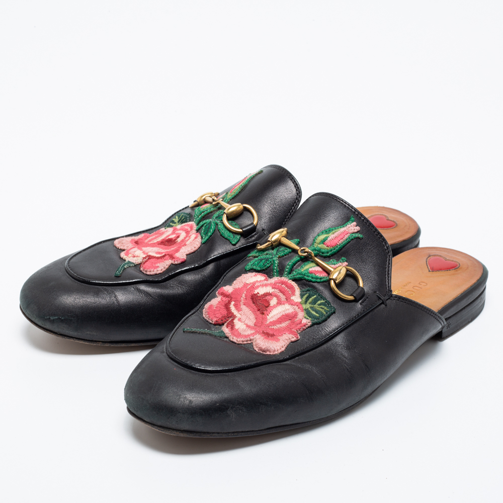 

Gucci Black Floral Embroidered Leather Princetown Horsebit Flat Mules Size