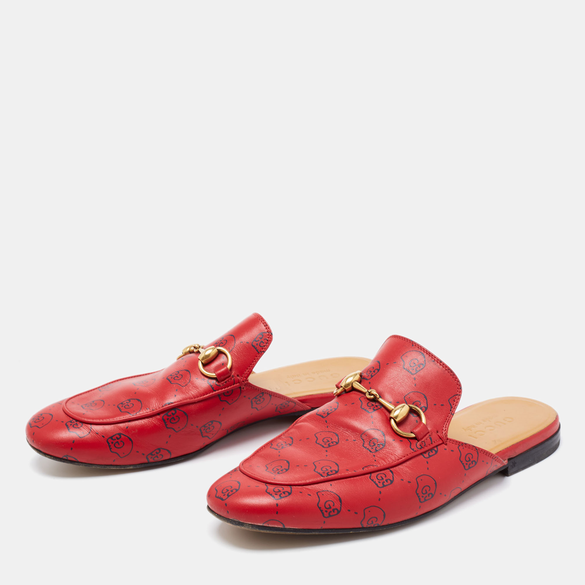 

Gucci Red GG Ghost Print Leather Princetown Horsebit Flat Mules Size
