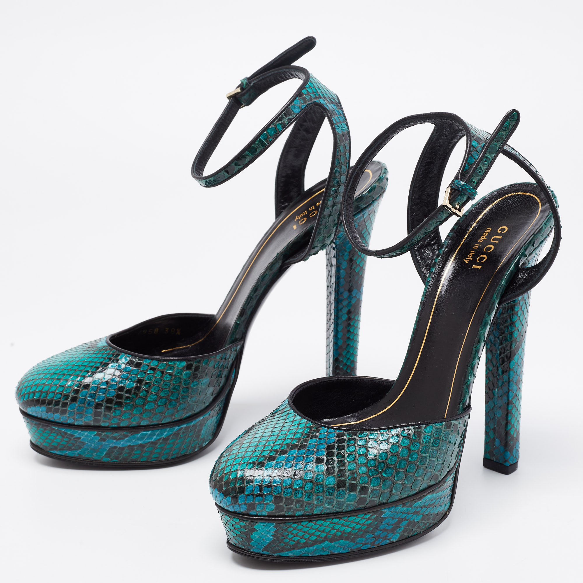 

Gucci Green/Black Snakeskin Huston Ankle Strap Platform Sandals Size