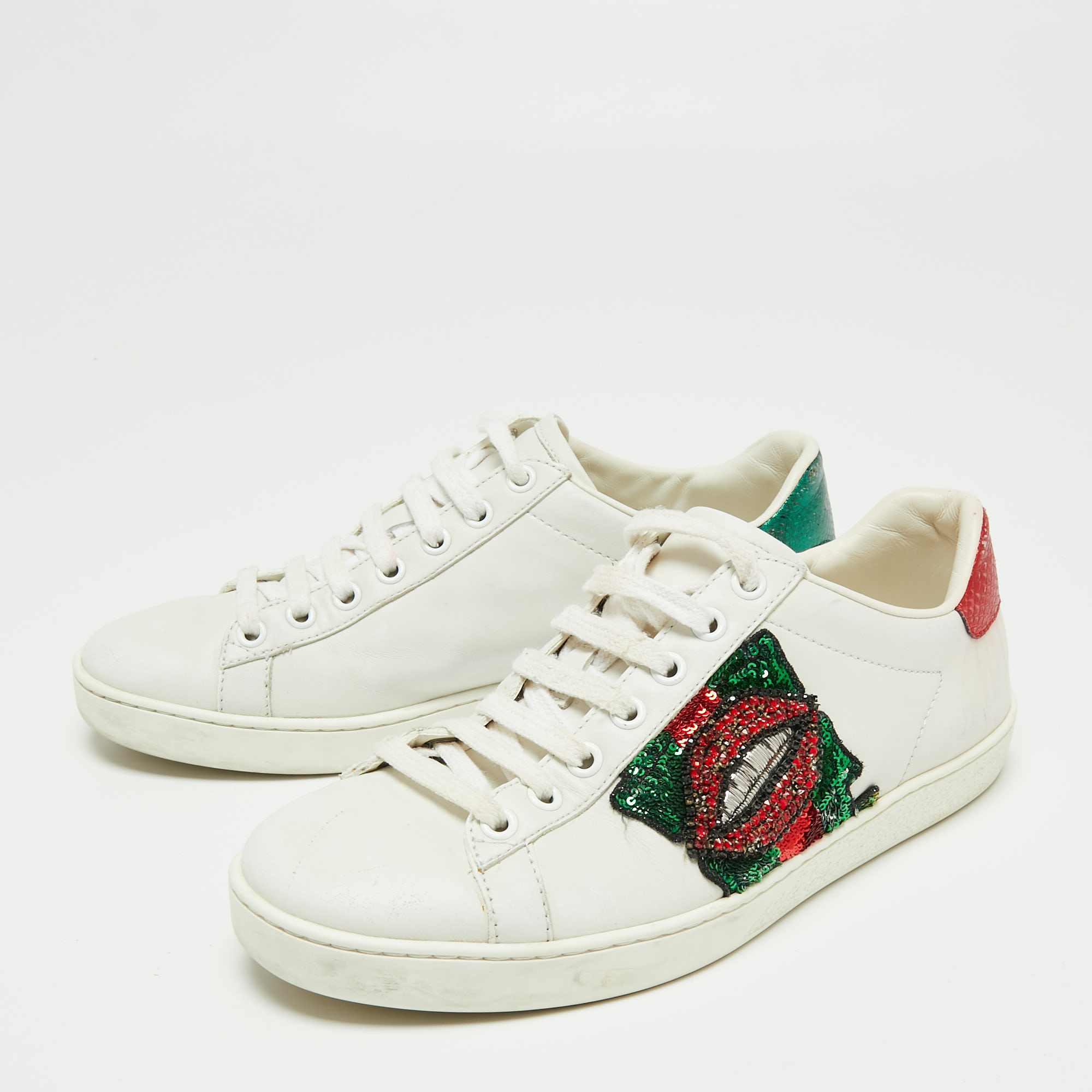 

Gucci White Leather And Python Embossed Leather Ace Lace Up Sneakers Size