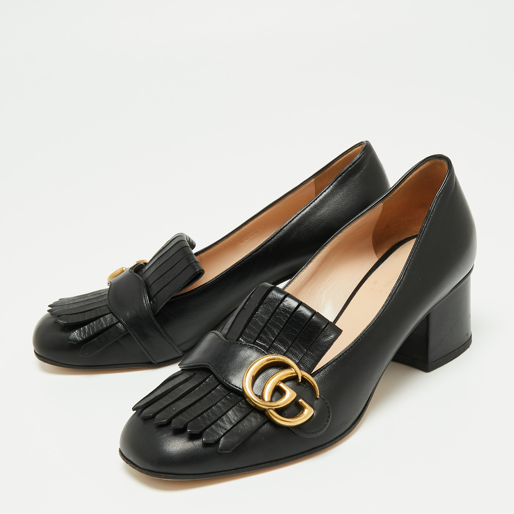 

Gucci Black Leather GG Marmont Fringe Block Heel Pumps Size