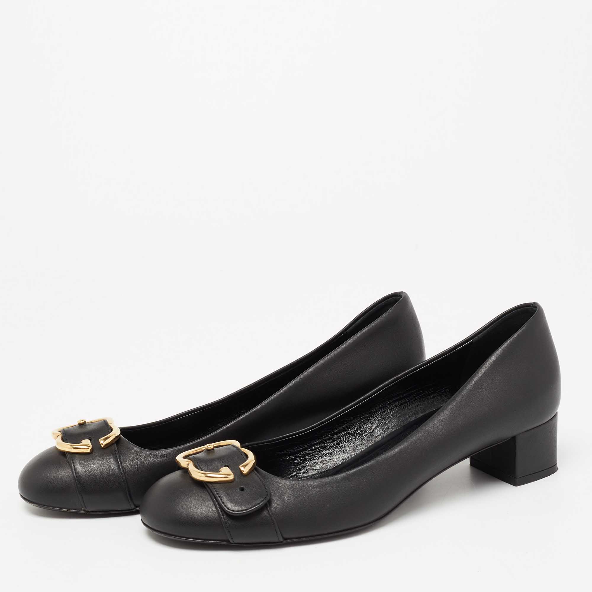 

Gucci Black Leather Sachalin Buckle Detail Round Toe Block Heel Pumps Size