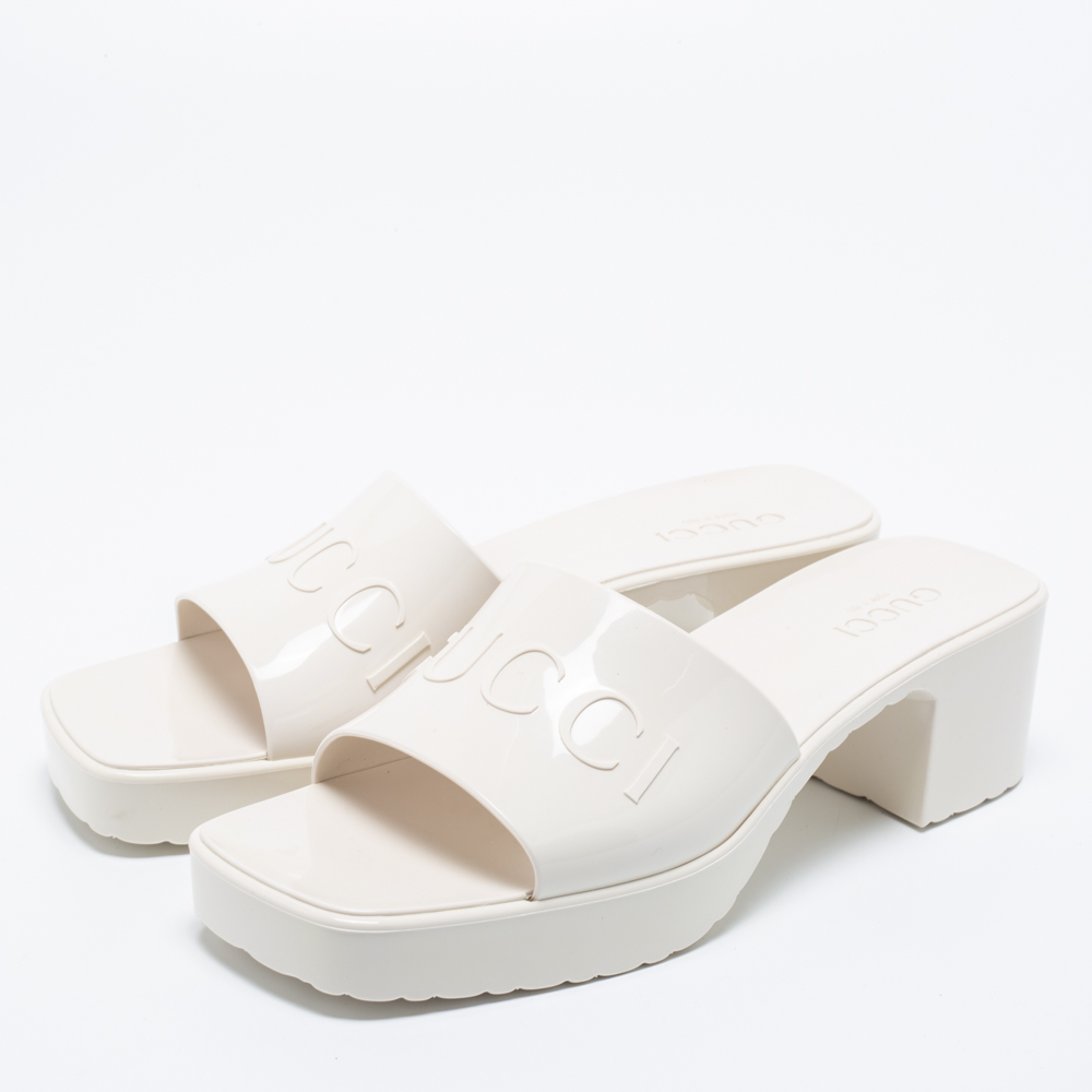 

Gucci Cream Rubber Logo Embossed Block Heel Slide Sandals Size