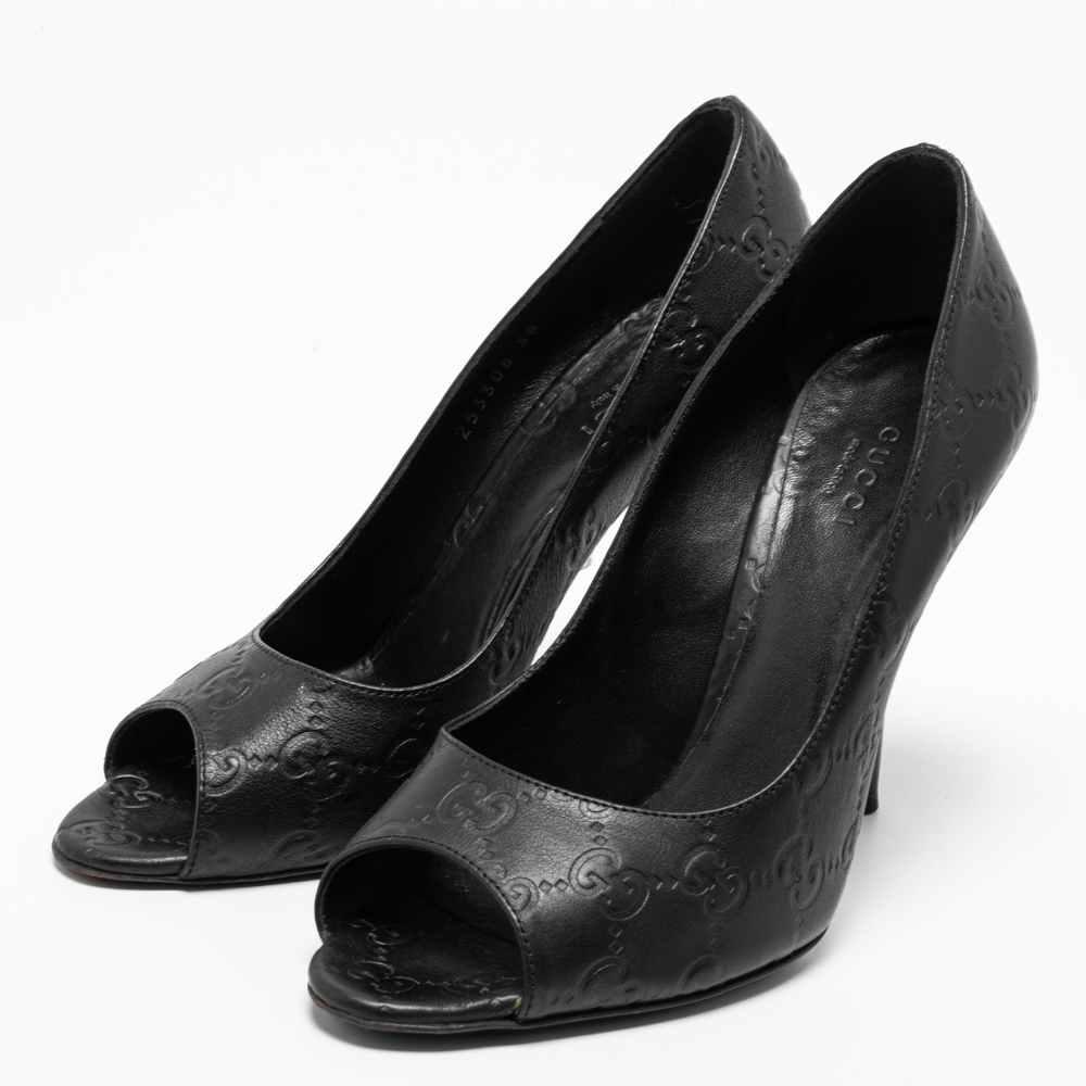 

Gucci Black Guccissima Leather Peep Toe Pumps Size