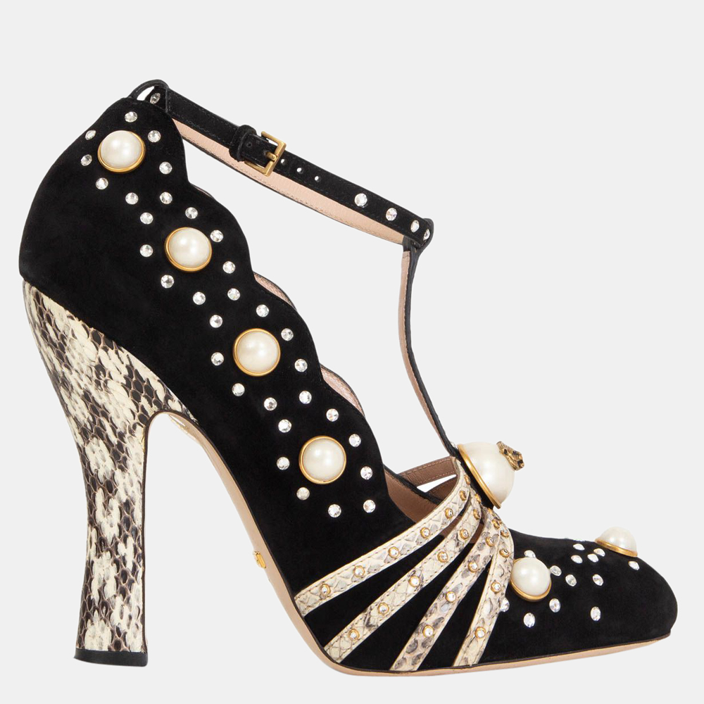 

Gucci Black Suede Ofelia Embellished Pumps EU