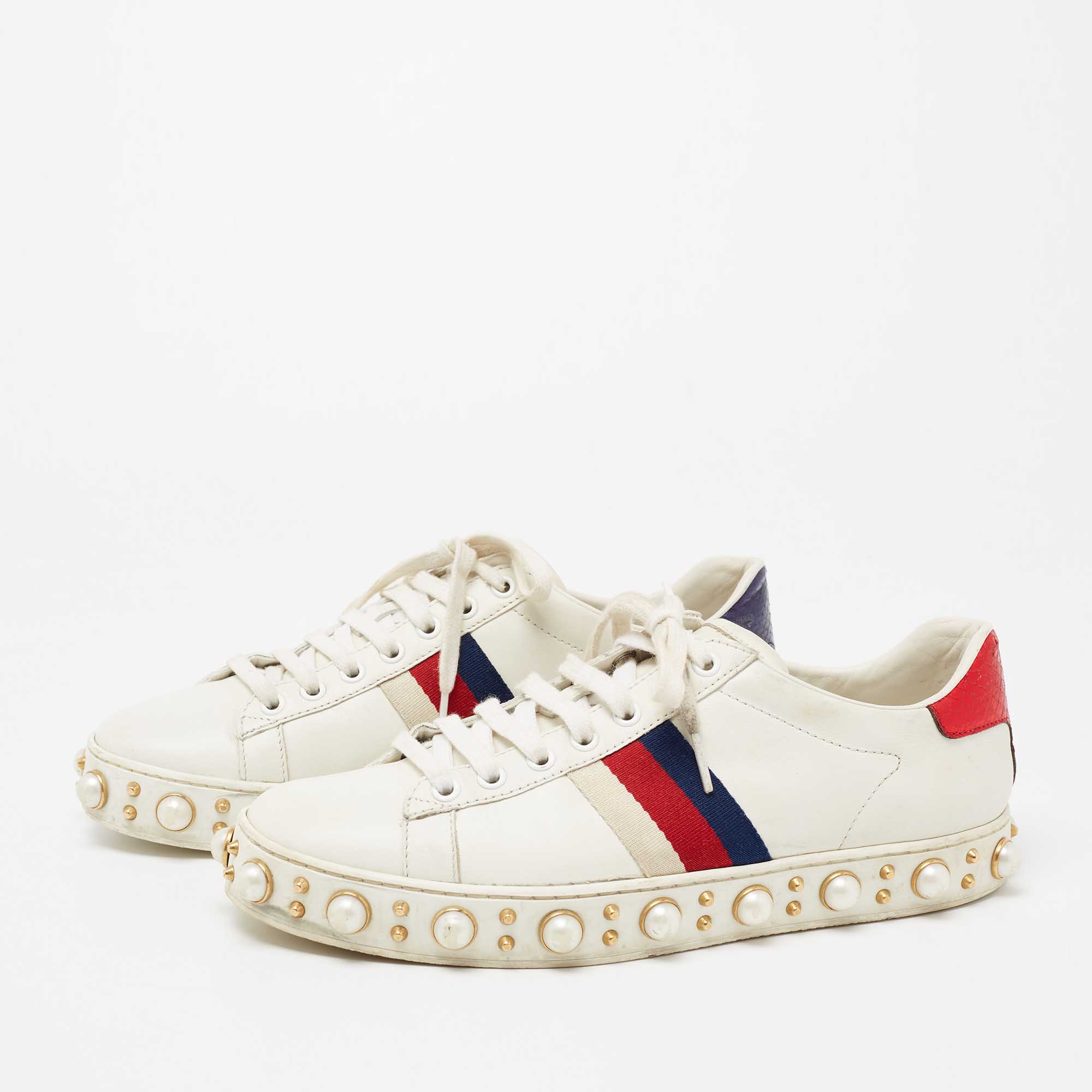 

Gucci White Leather And Python Embossed New Ace Pearl Embellished Low Top Sneakers Size