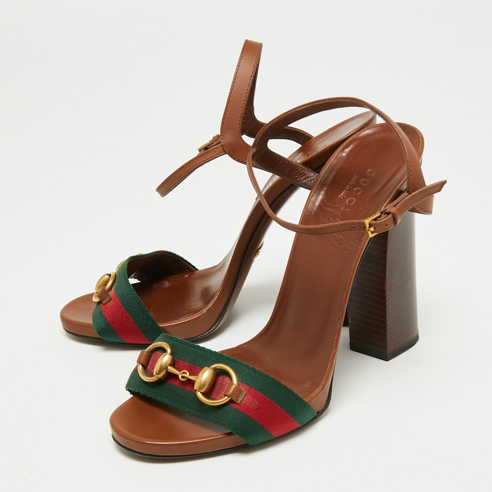 

Gucci Brown Leather Horsebit Web Detail Block Heel Ankle Strap Sandals Size
