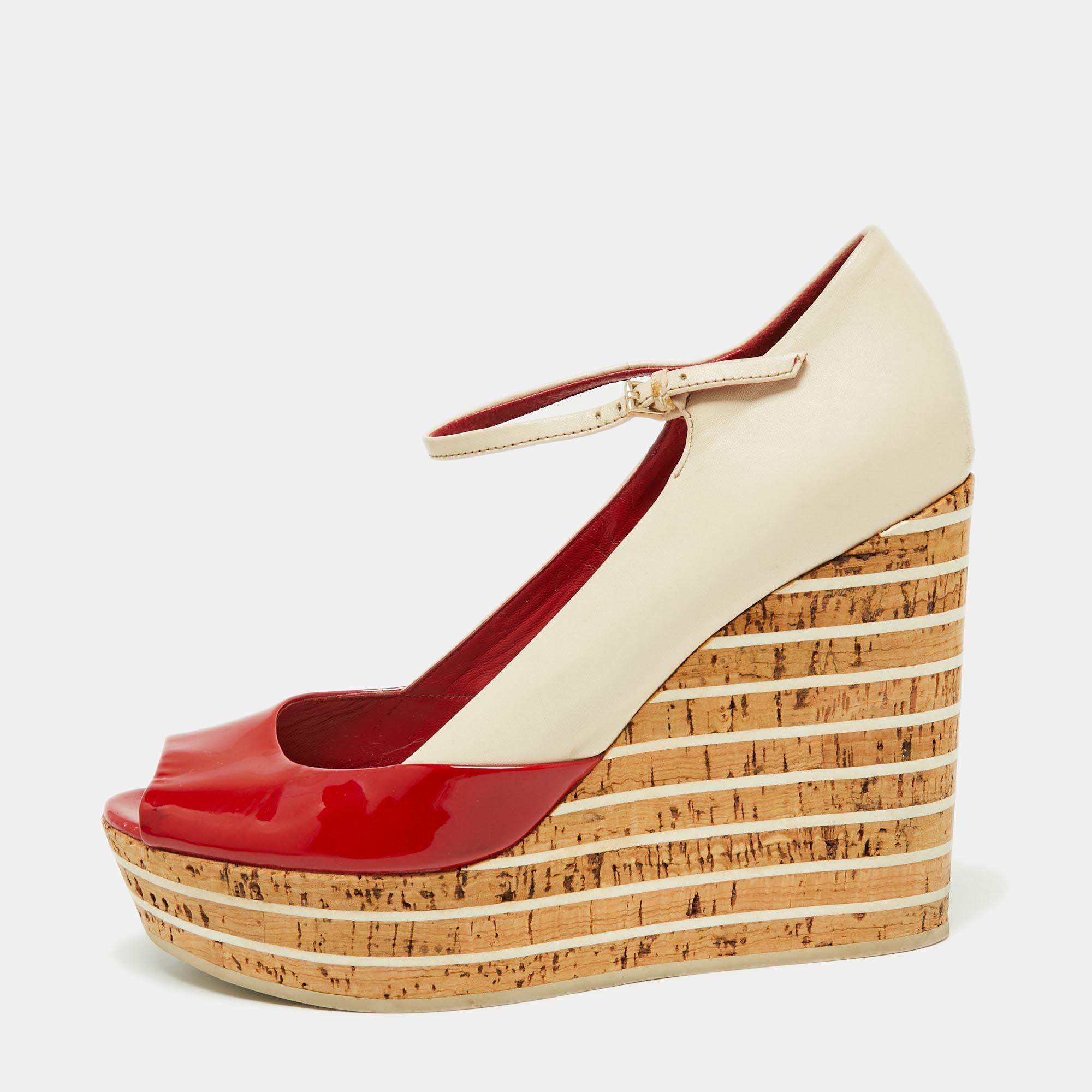 

Gucci Red/Cream Patent Leather Colorblock Platform Wedge Mary Jane Peep Toe Pumps Size