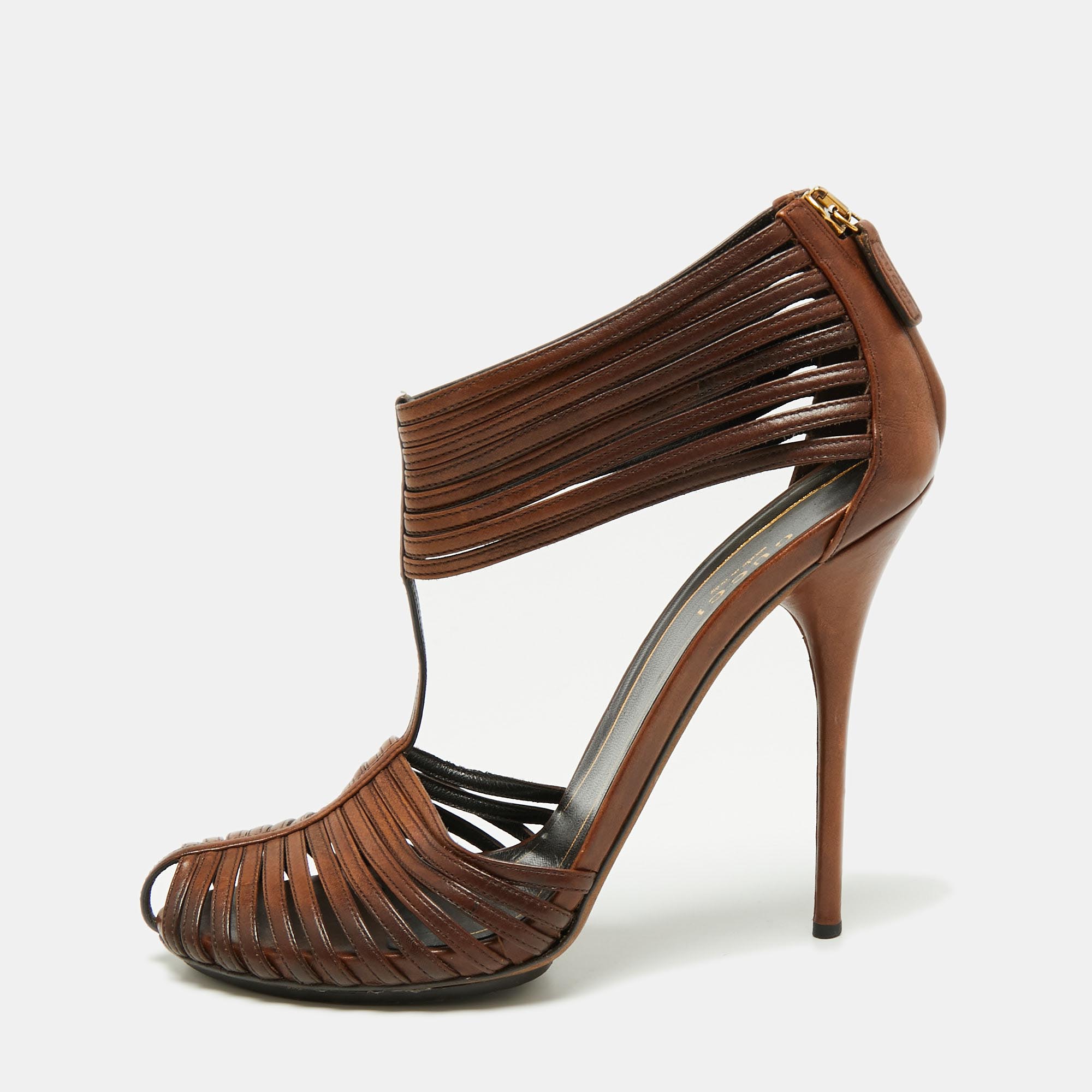 

Gucci Brown Leather 'Inga' T-Strap Sandals Size