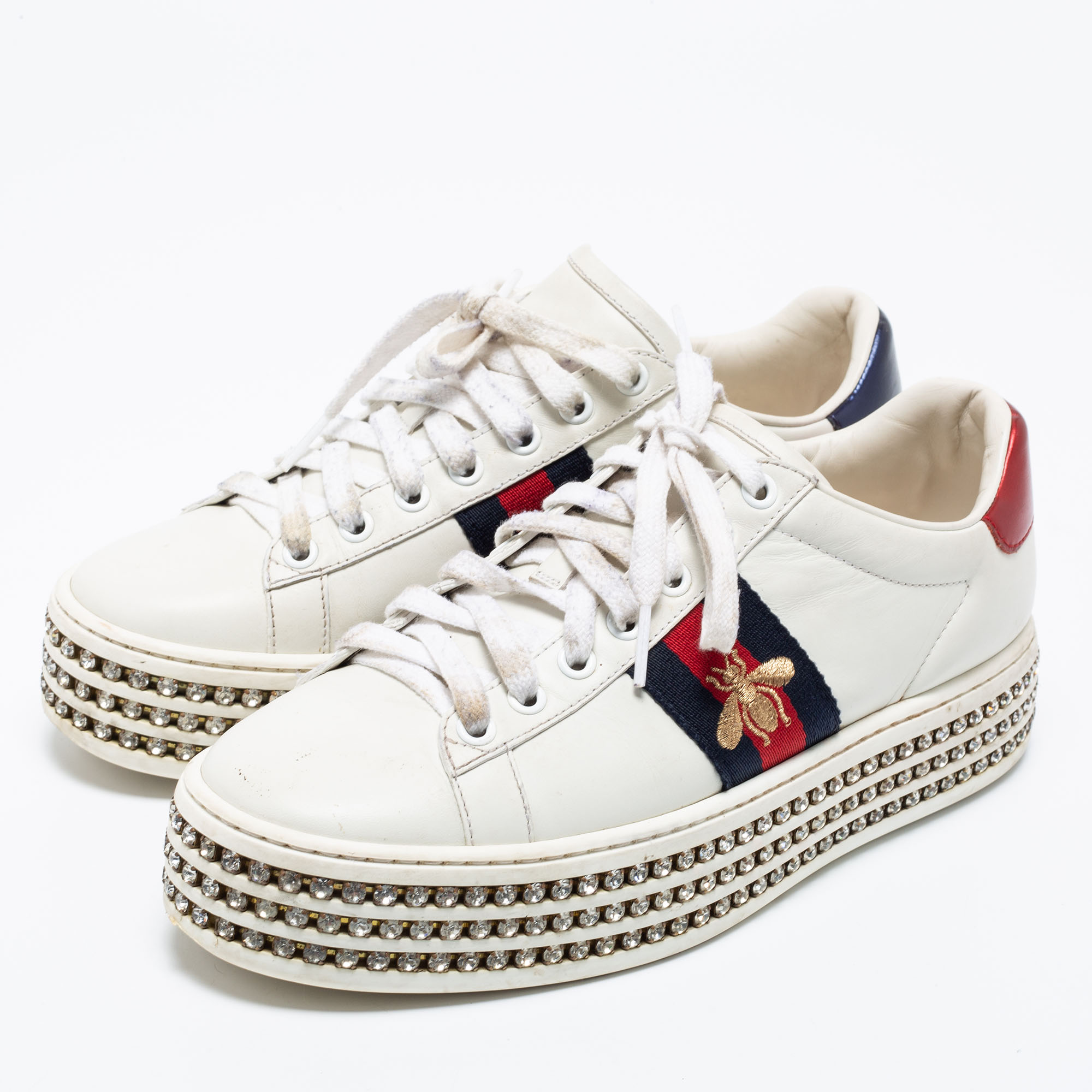

Gucci White Leather Bee Web Detail New Ace Crystal Embellished Platform Sneakers Size