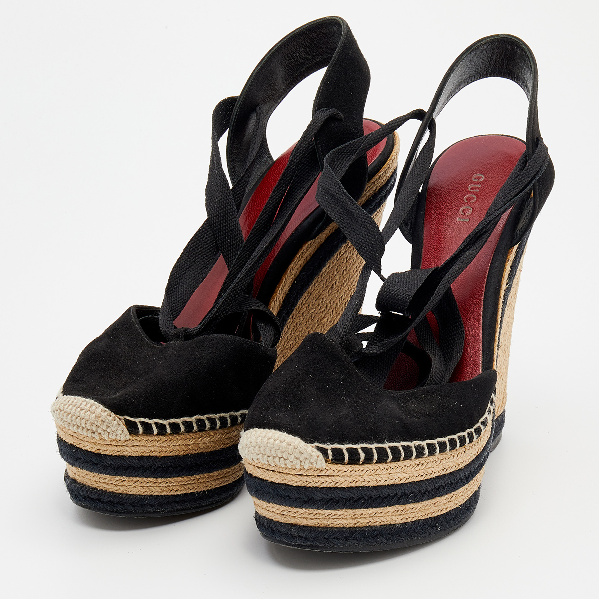 

Gucci Black Suede Alexis Wrap Platform Wedge Sandals Size