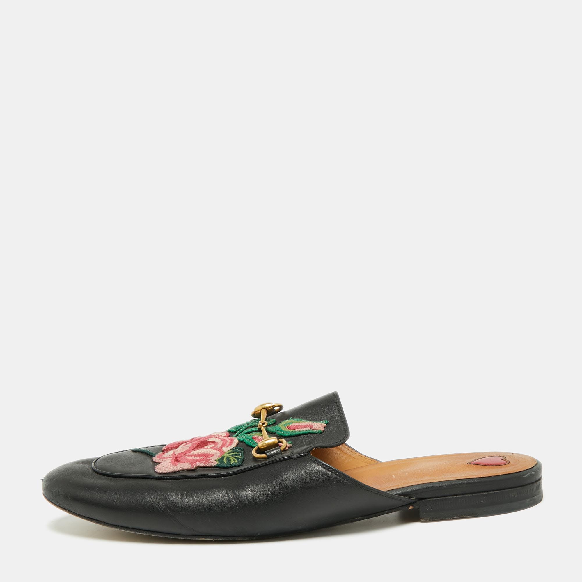 Pre Owned Gucci Black Leather Princetown Horsebit Flat Mules Size 40.5