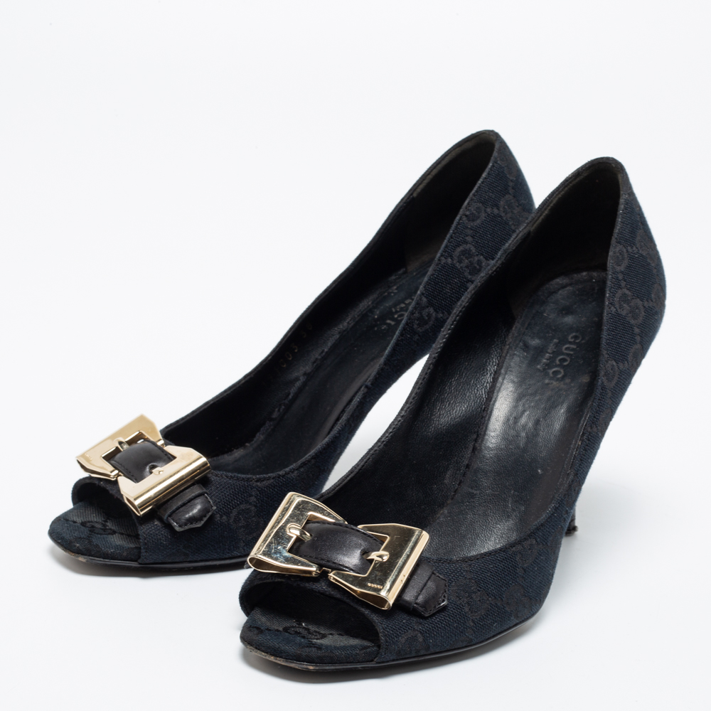 

Gucci Black GG Canvas Metal Bow Peep Toe Pumps Size