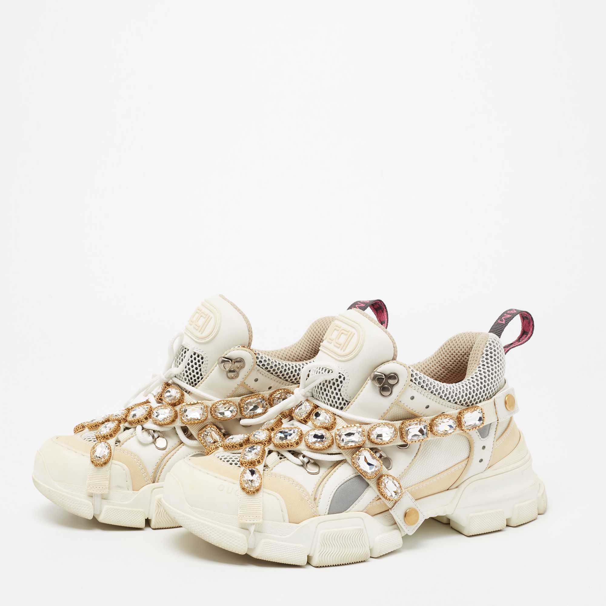 

Gucci White/Beige Leather And Mesh Leather Flashtrek Sneakers Size