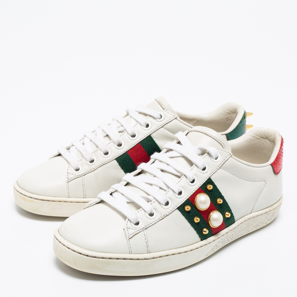 

Gucci White Leather And Python Embossed Pearl Embellished Studded Ace Sneakers Size