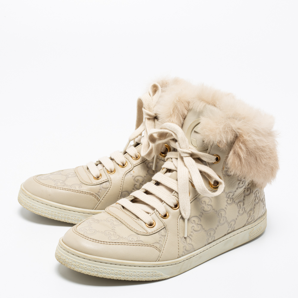 

Gucci Off White Guccissima Leather And Cada Fur Trim High Top Sneakers Size, Cream