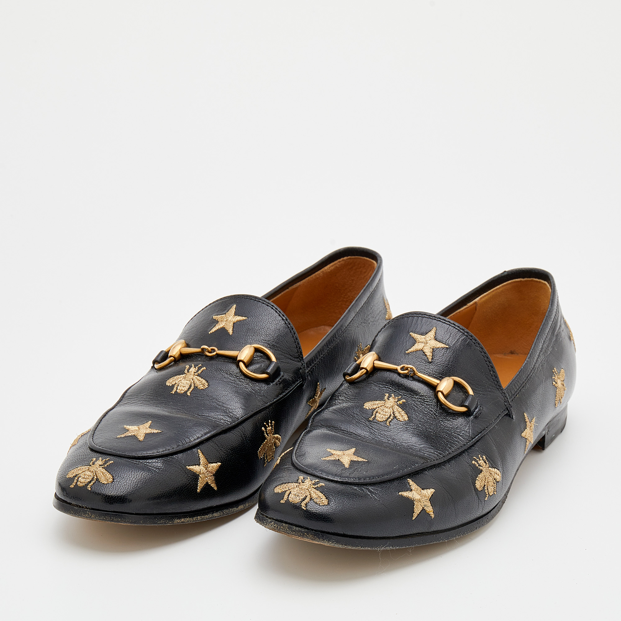 

Gucci Black Leather Embroidered Bee Star Horsebit Slip On Loafers Size