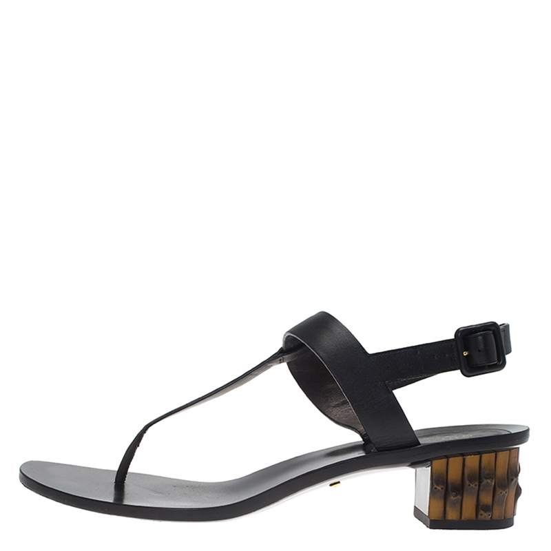 

Gucci Black Leather Dahlia Bamboo Heel Thong Sandals Size