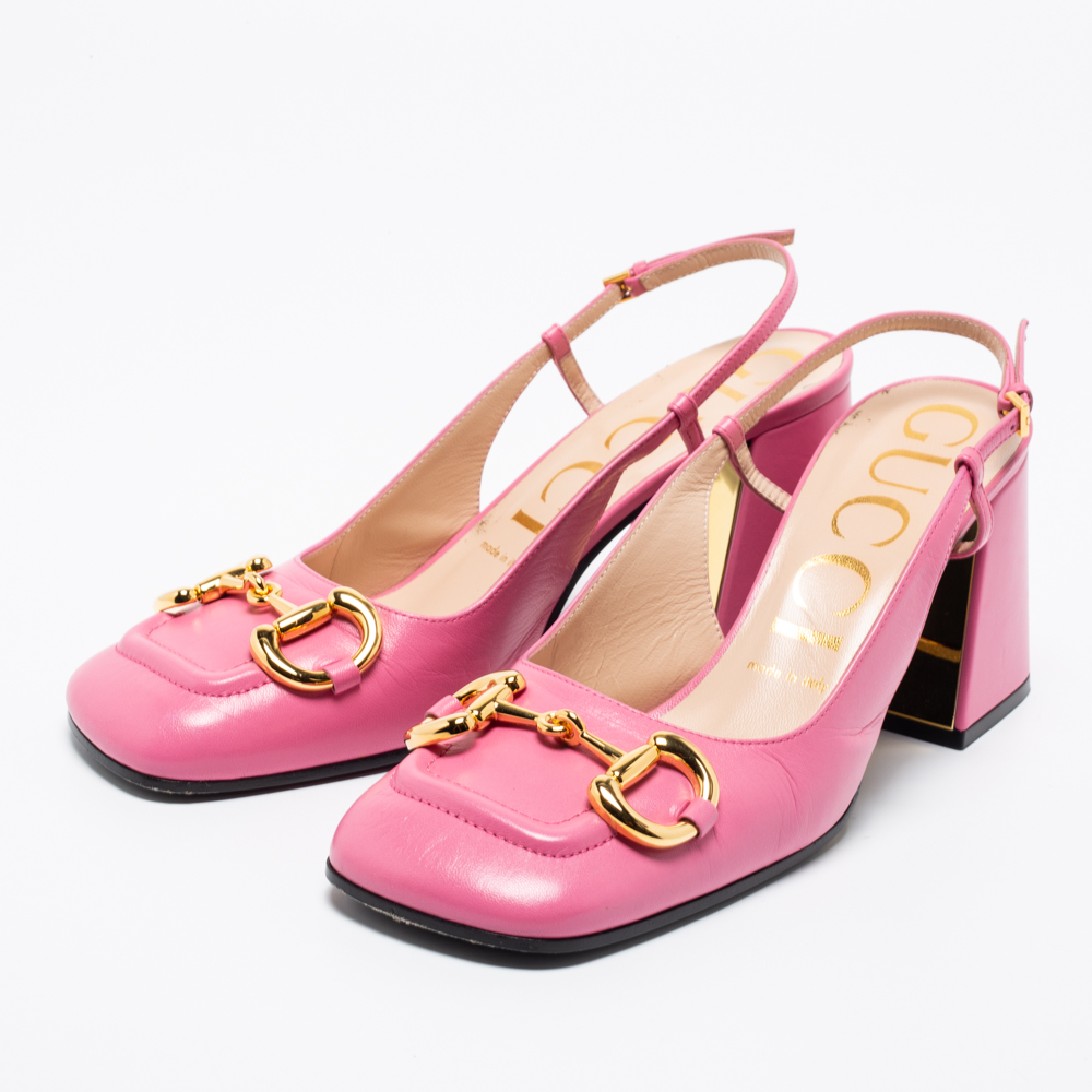 

Gucci Pink Leather Horsebit Slingback Block Heel Sandals Size