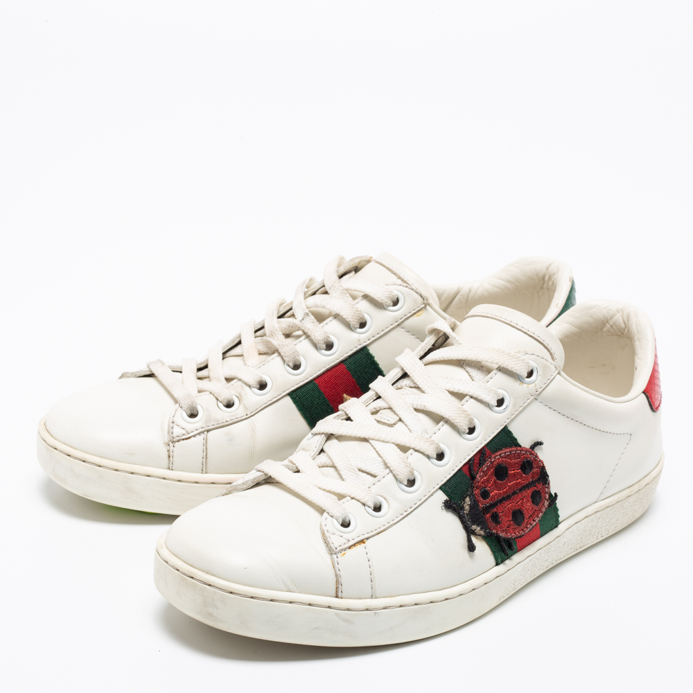 

Gucci White Leather Embroidered Ladybird And Pineapple Ace Sneakers Size