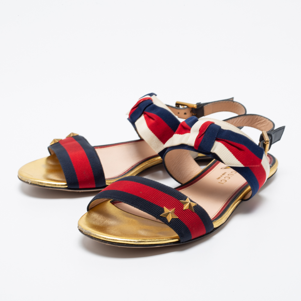 

Gucci Red/Navy Blue Leather and Canvas Web Flat Slingback Sandals Size