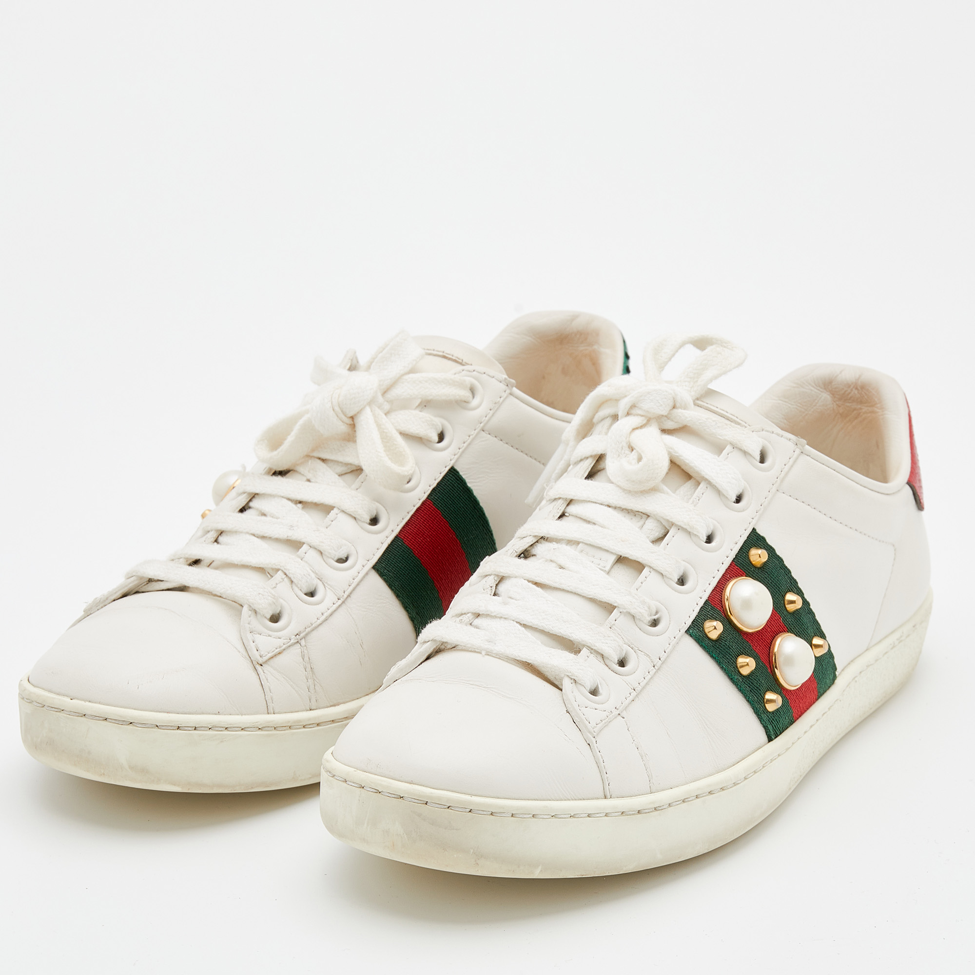 

Gucci White Leather New Ace Web Faux Pearl Embellished Low Top Sneakers Size