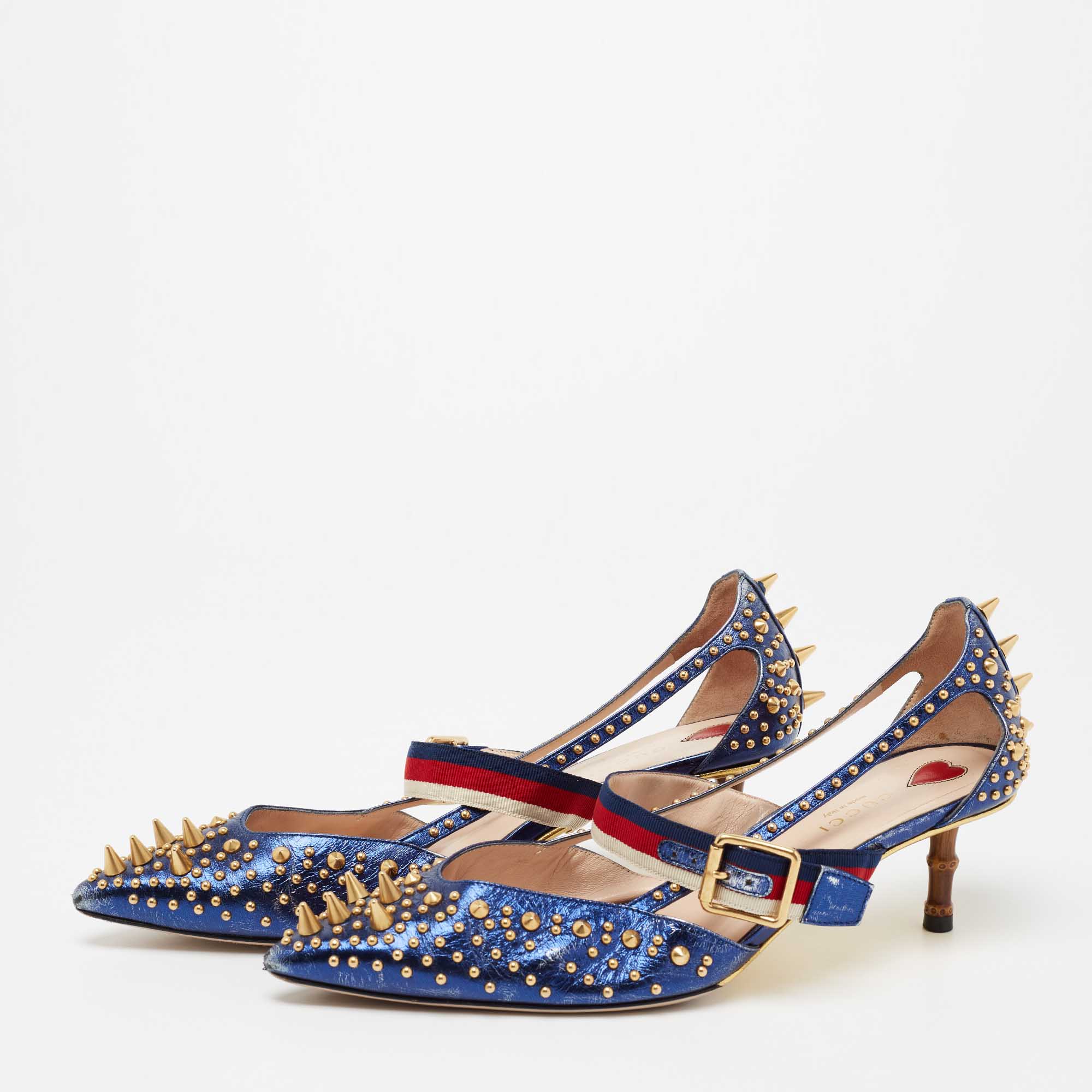 

Gucci Metallic Blue Leather Unia Spiked Mary Jane Pumps Size
