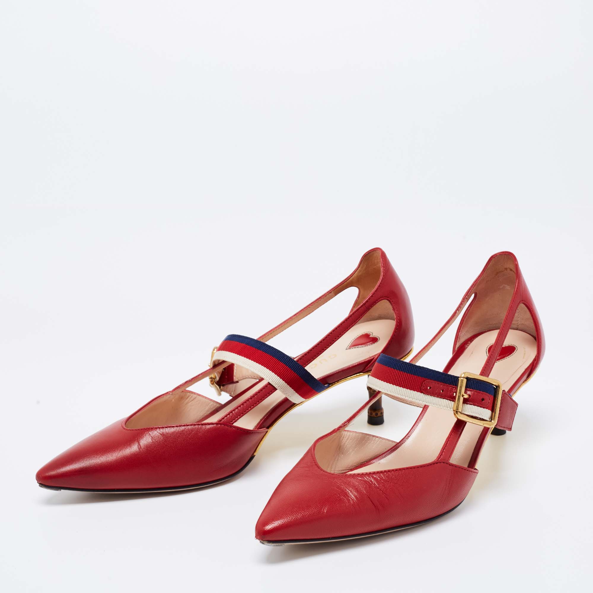 

Gucci Red Leather Unia Web Strap Mary Jane Pumps Size