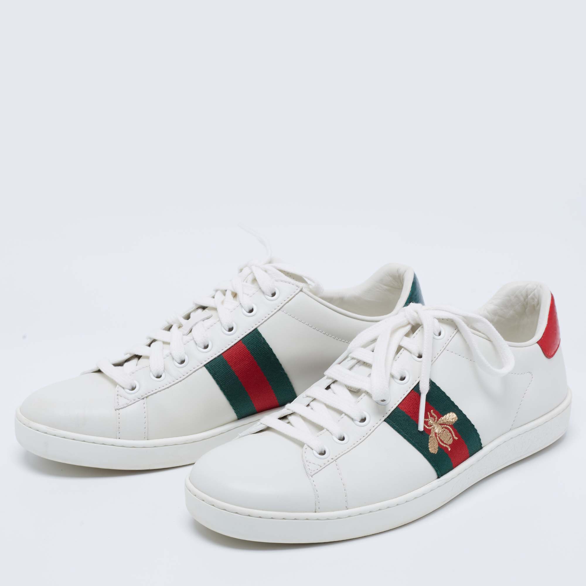 

Gucci White Leather Ace Web Bee Low Top Lace Up Sneakers Size