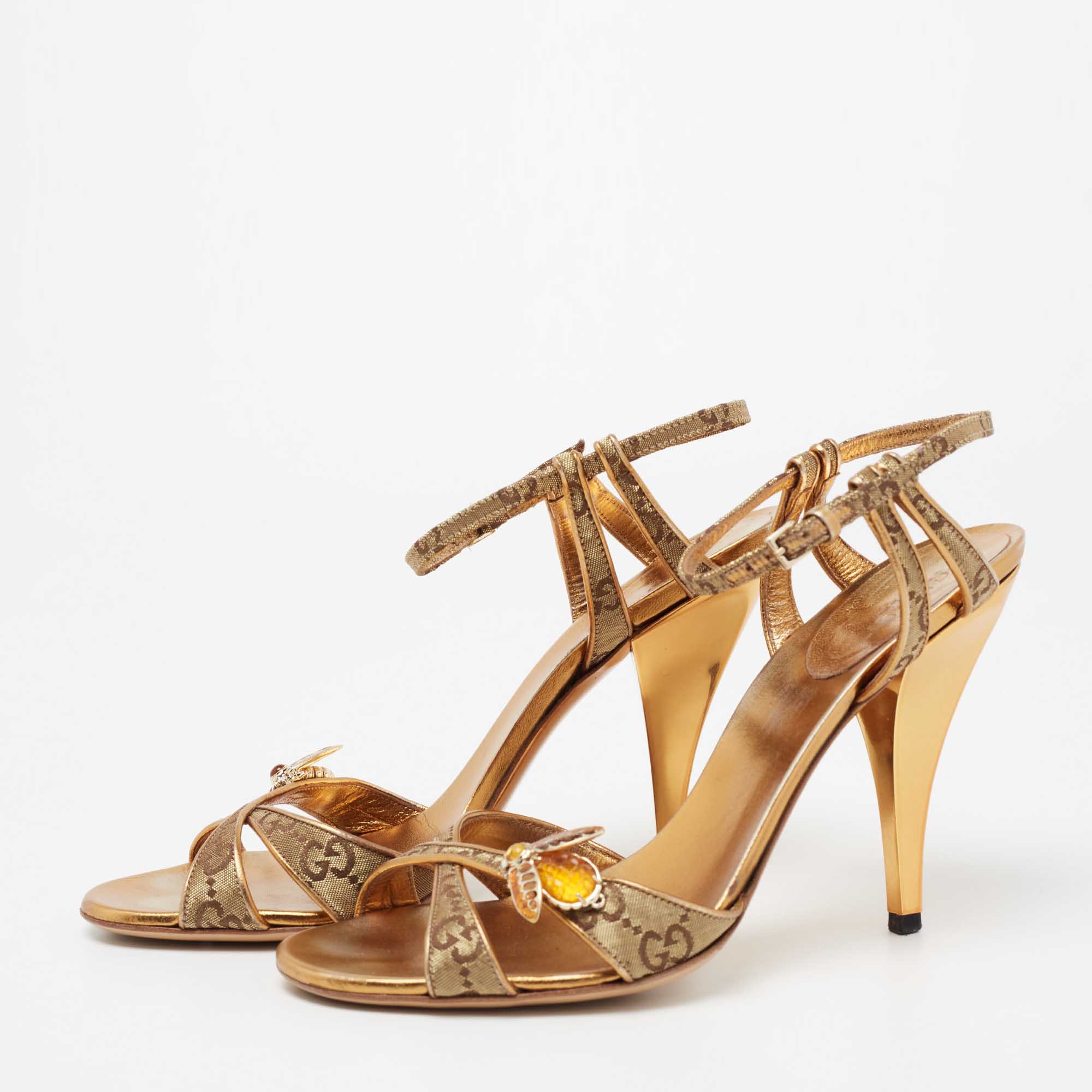 

Gucci Gold GG Canvas And Leather Bee Jewel Embellished Ankle Strap Sandals Size